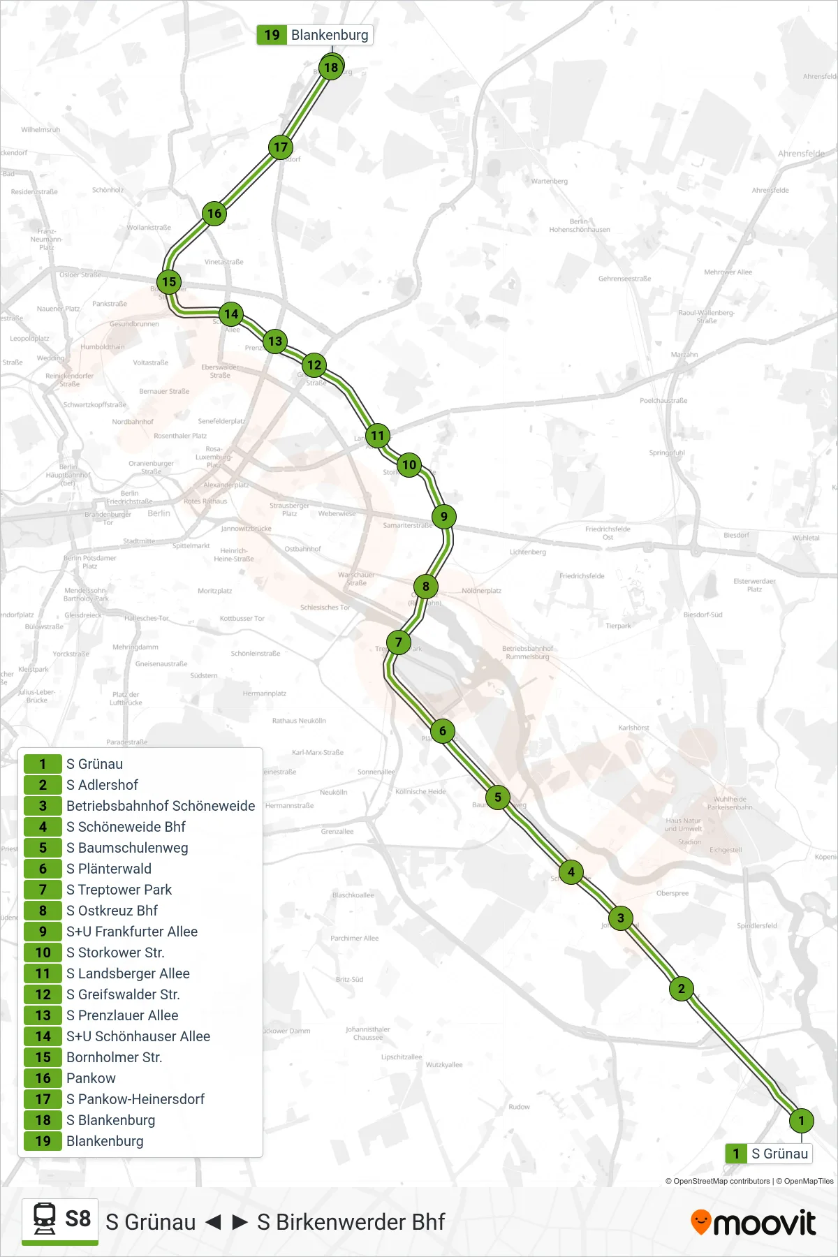 S8 train Line (S Blankenburg) route and stops on a map