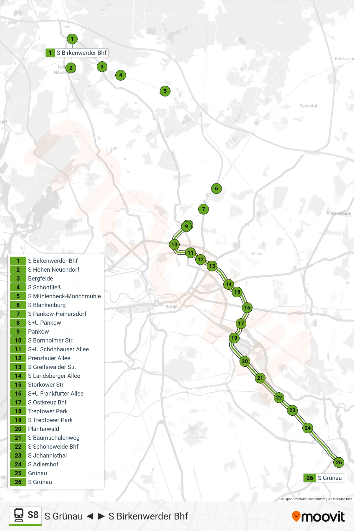 Linie S8 (Bahn) Richtung S Grünau: Route und Haltestellen auf der Karte
