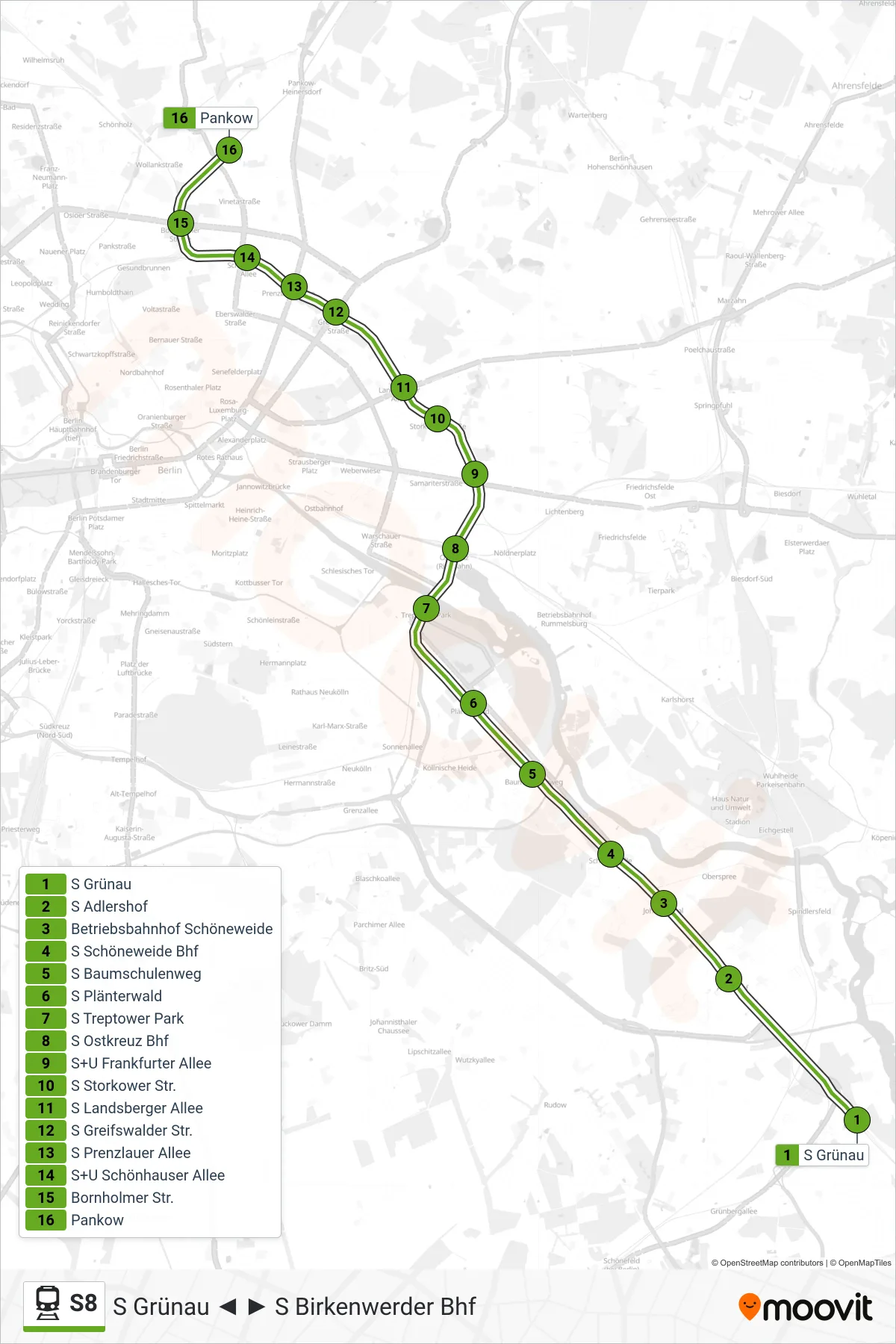 Linie S8 (Bahn) Richtung S+U Pankow: Route und Haltestellen auf der Karte