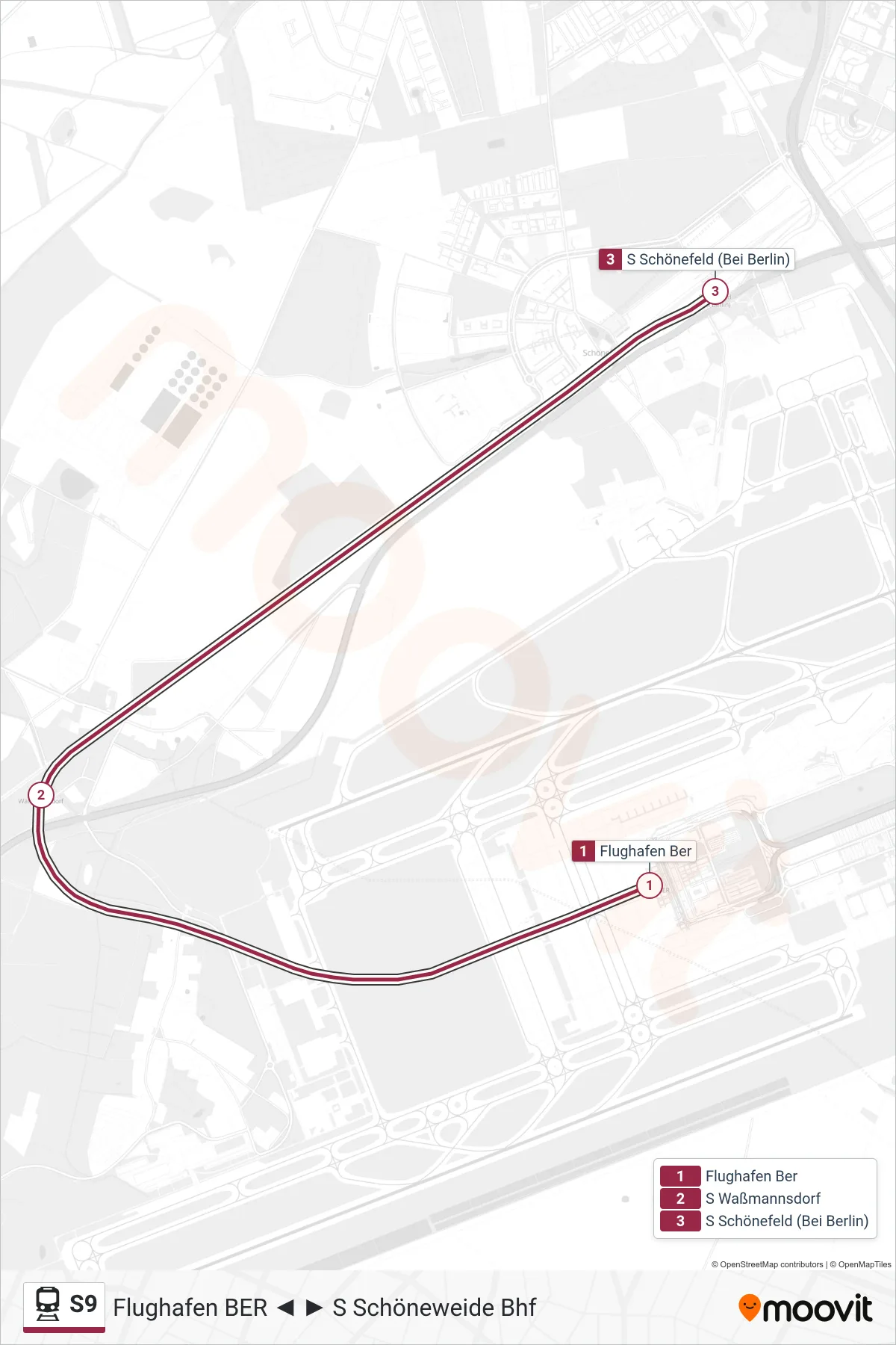 Linie S9 (Bahn) Richtung S Schönefeld (Bei Berlin): Route und Haltestellen auf der Karte