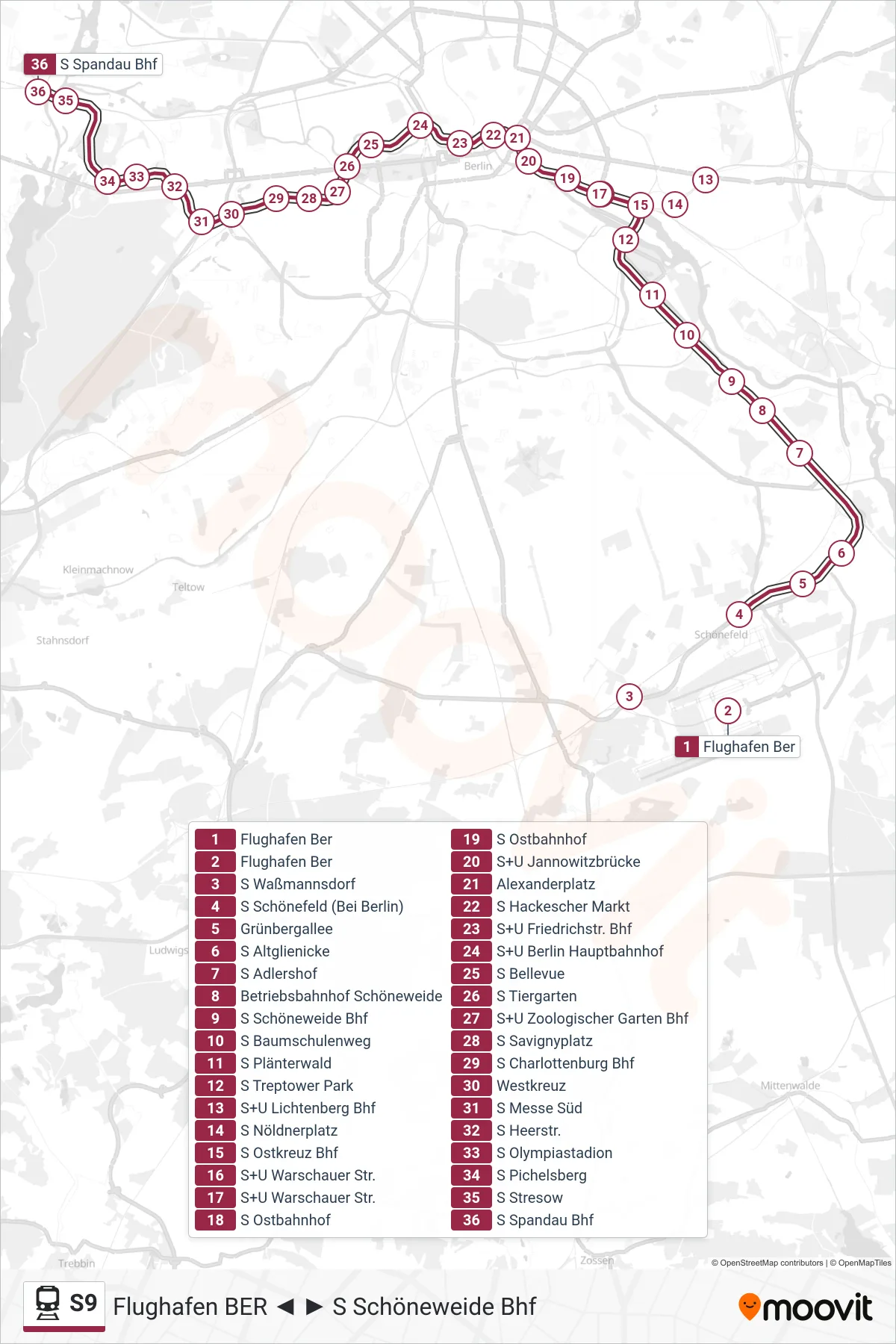 Linie S9 (Bahn) Richtung S Spandau Bhf: Route und Haltestellen auf der Karte