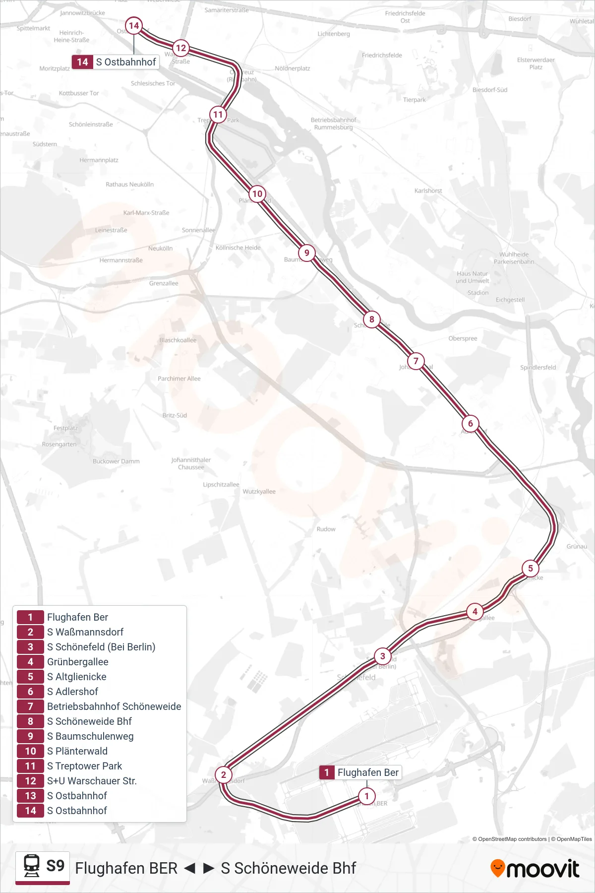 Linie S9 (Bahn) Richtung S Ostbahnhof: Route und Haltestellen auf der Karte