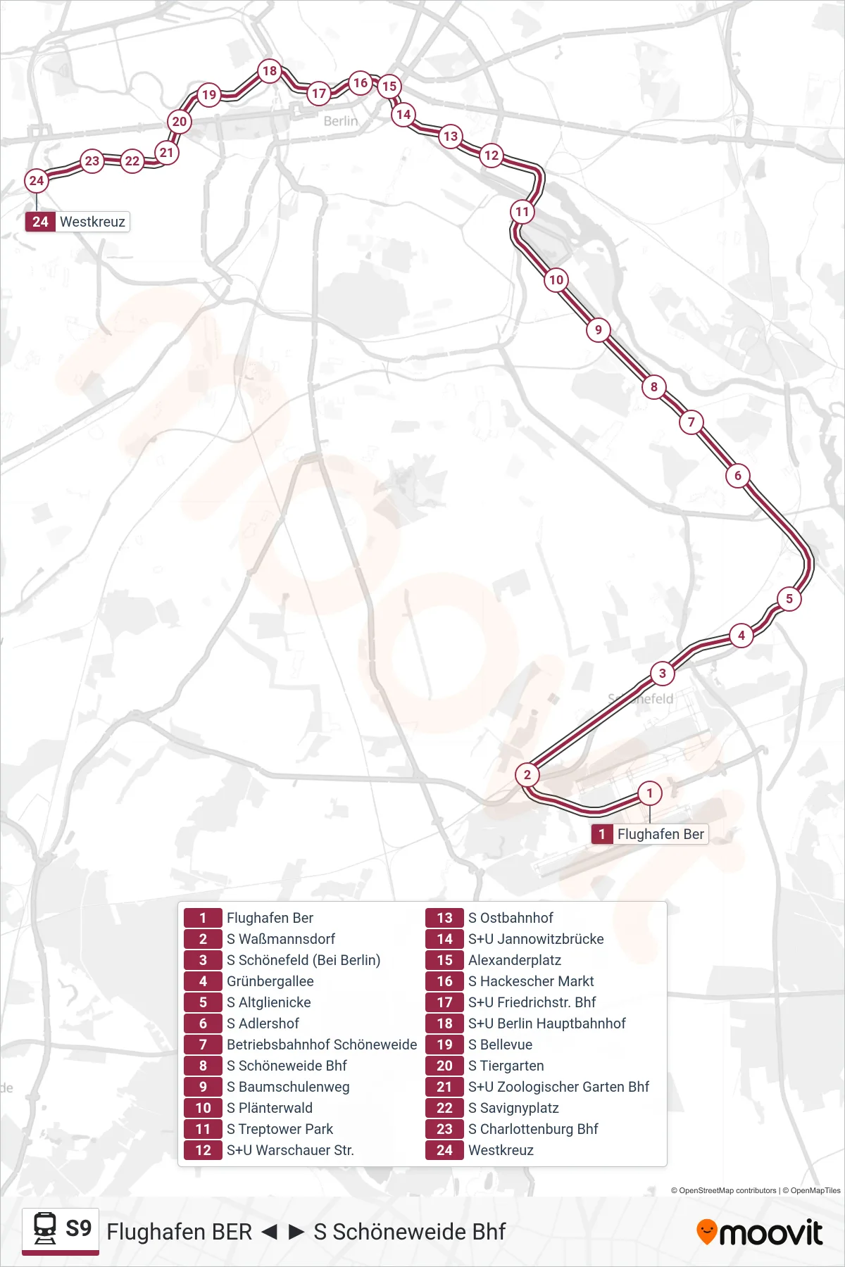 Linie S9 (Bahn) Richtung S Westkreuz: Route und Haltestellen auf der Karte