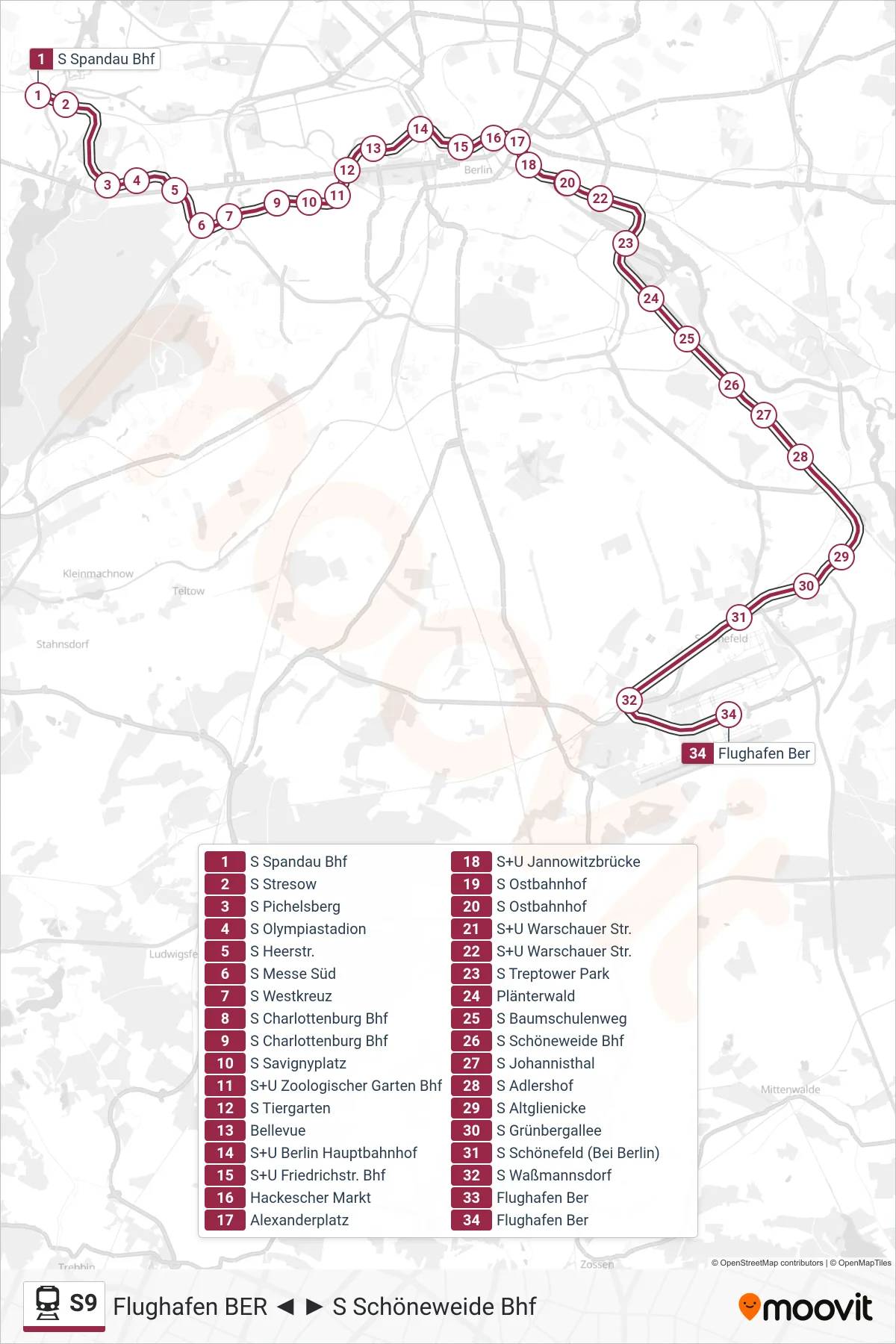 Linie S9 (Bahn) Richtung Flughafen Ber: Route und Haltestellen auf der Karte