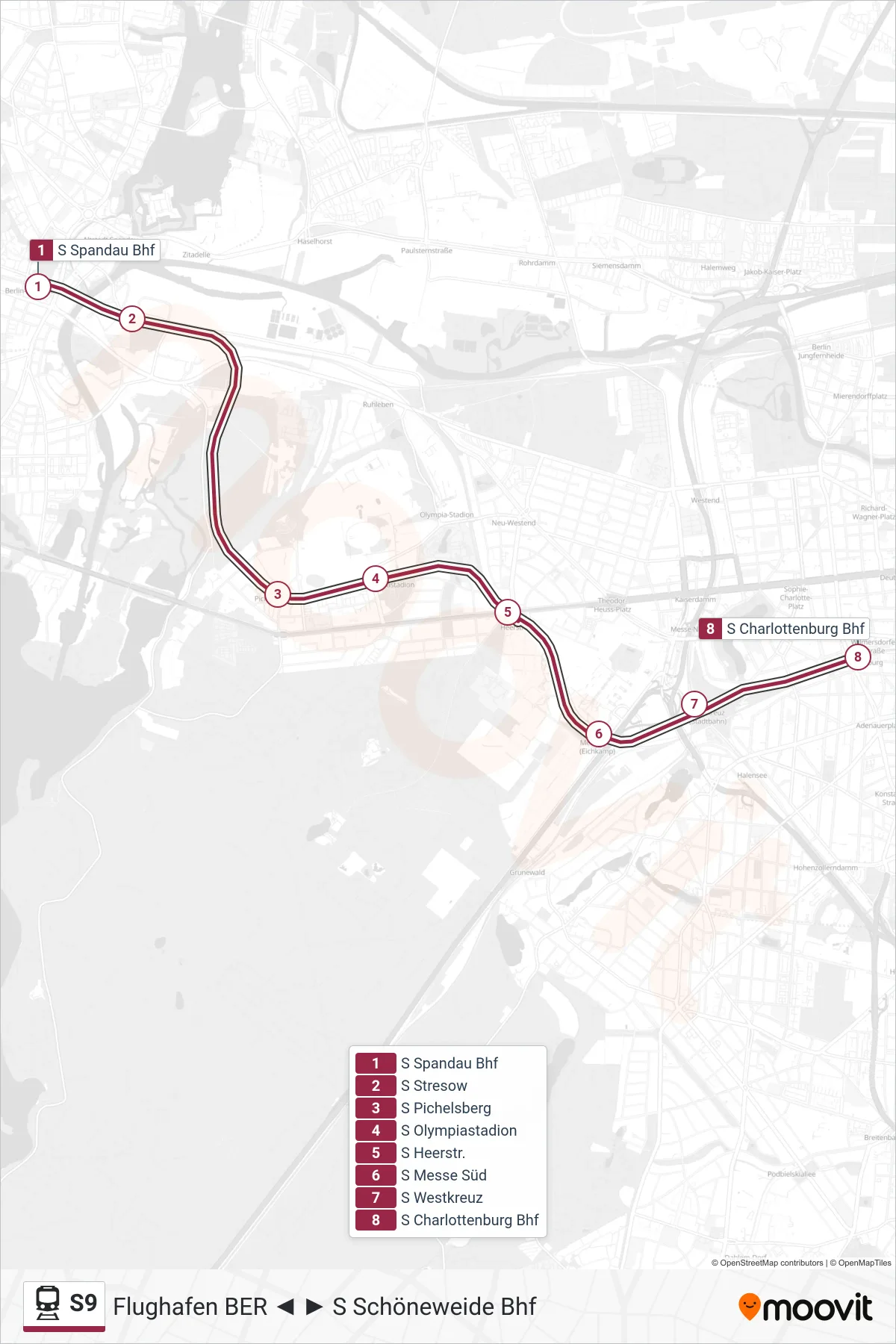 Linie S9 (Bahn) Richtung S Charlottenburg Bhf: Route und Haltestellen auf der Karte