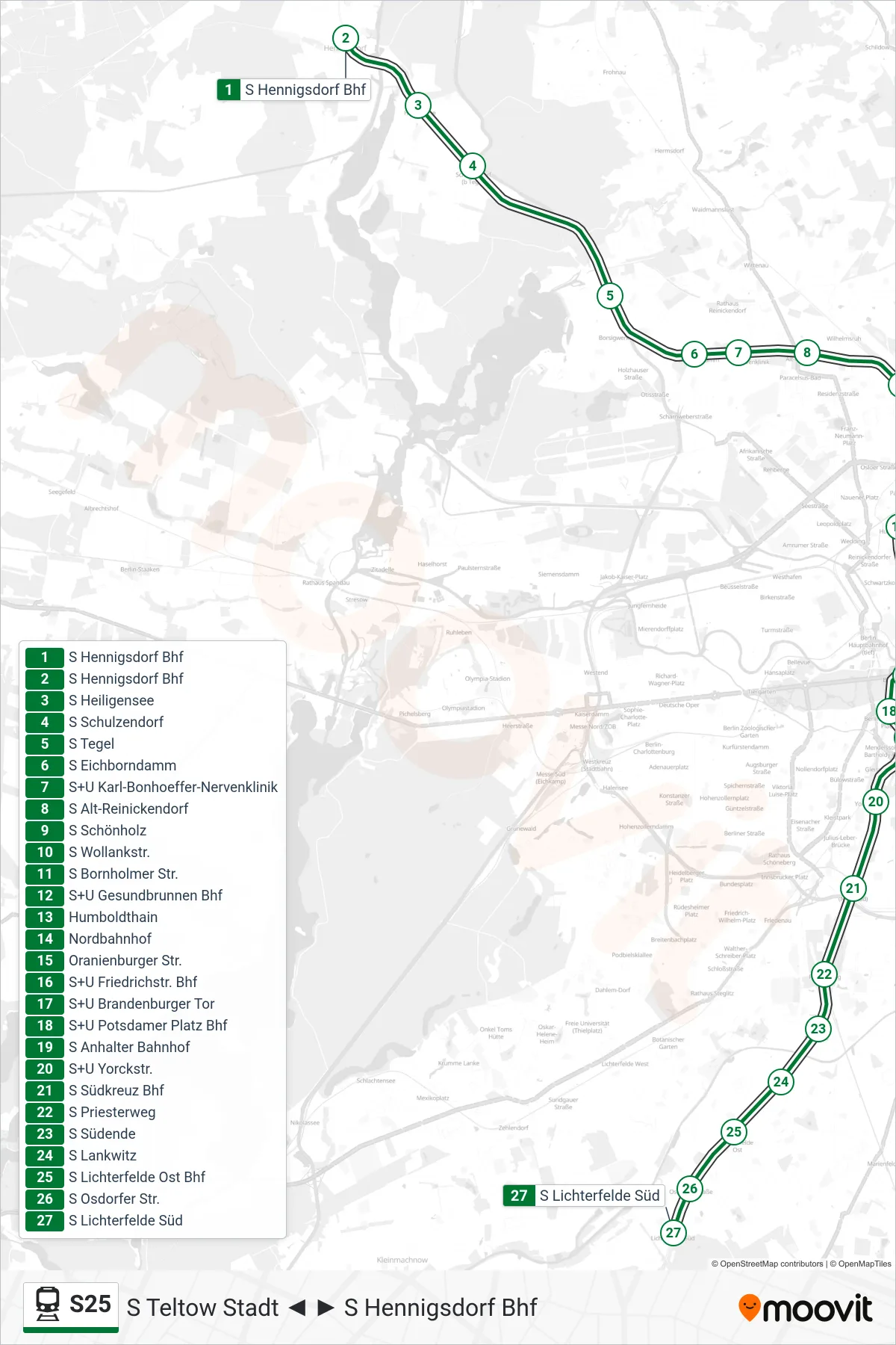 Linie S25 (Bahn) Richtung S Lichterfelde Süd: Route und Haltestellen auf der Karte