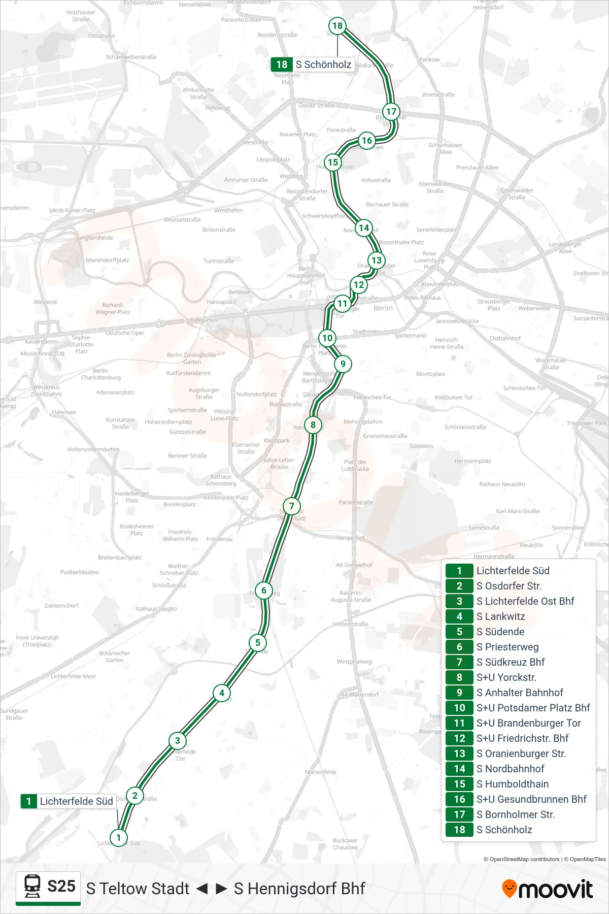 Linie S25 (Bahn) Richtung S Schönholz: Route und Haltestellen auf der Karte