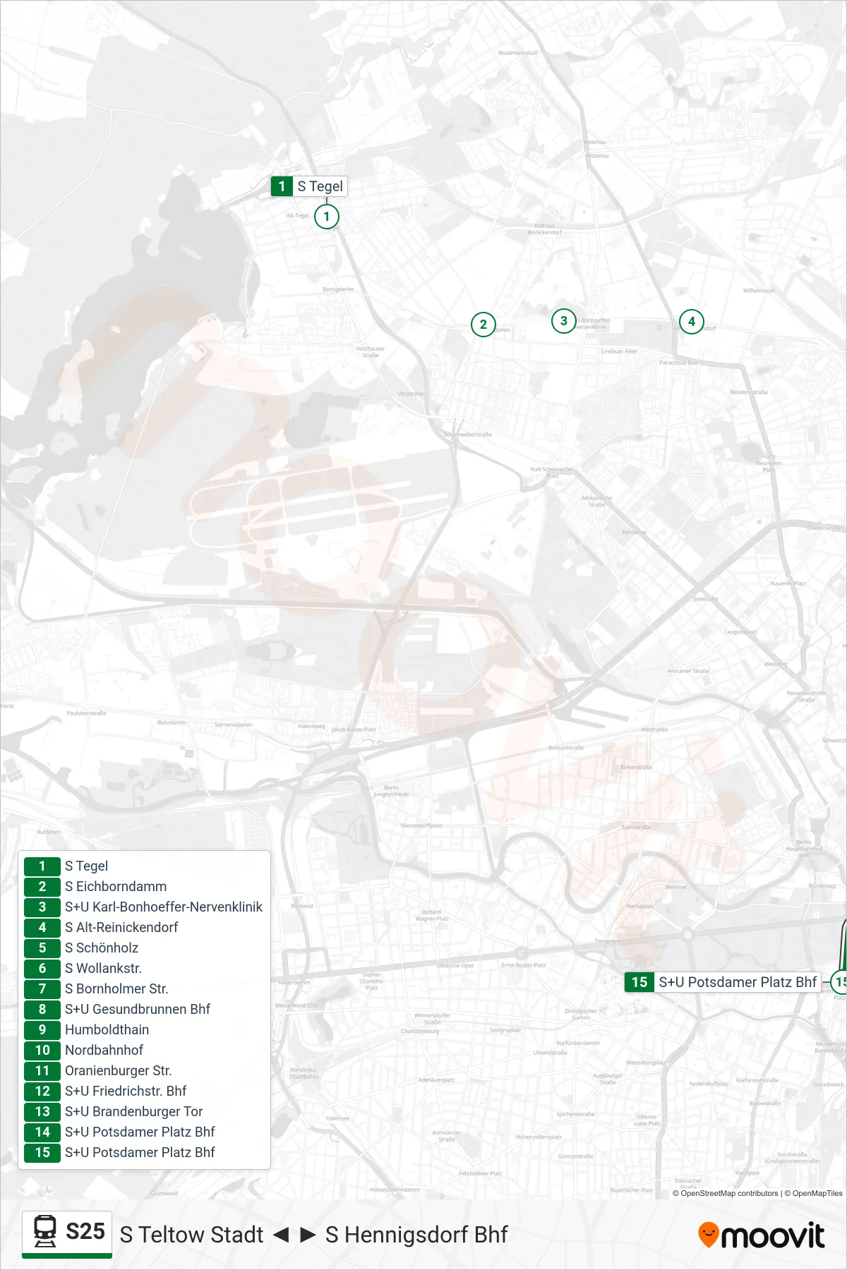 Linie S25 (Bahn) Richtung S+U Potsdamer Platz Bhf: Route und Haltestellen auf der Karte