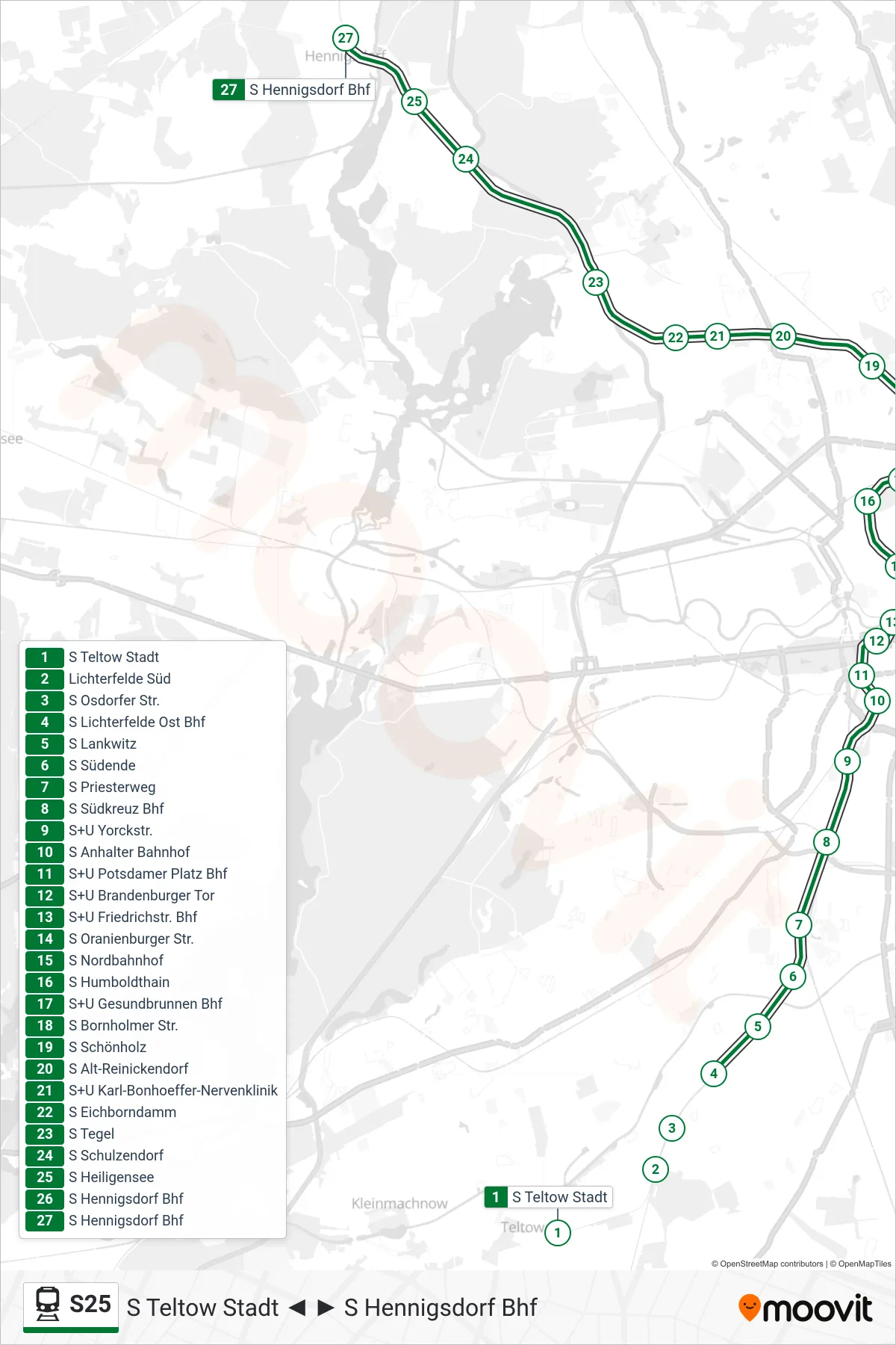 Linie S25 (Bahn) Richtung S Hennigsdorf Bhf: Route und Haltestellen auf der Karte