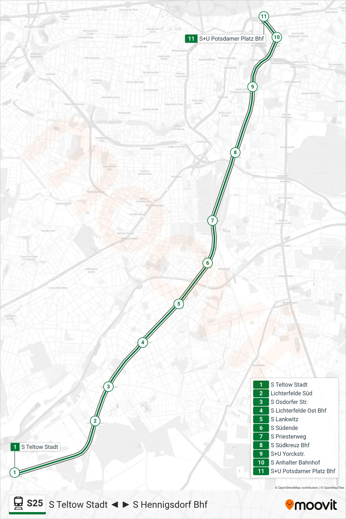 Linie S25 (Bahn) Richtung S+U Potsdamer Platz Bhf: Route und Haltestellen auf der Karte