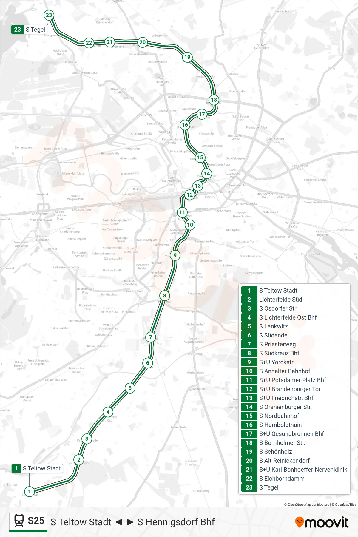 Linie S25 (Bahn) Richtung S Tegel: Route und Haltestellen auf der Karte