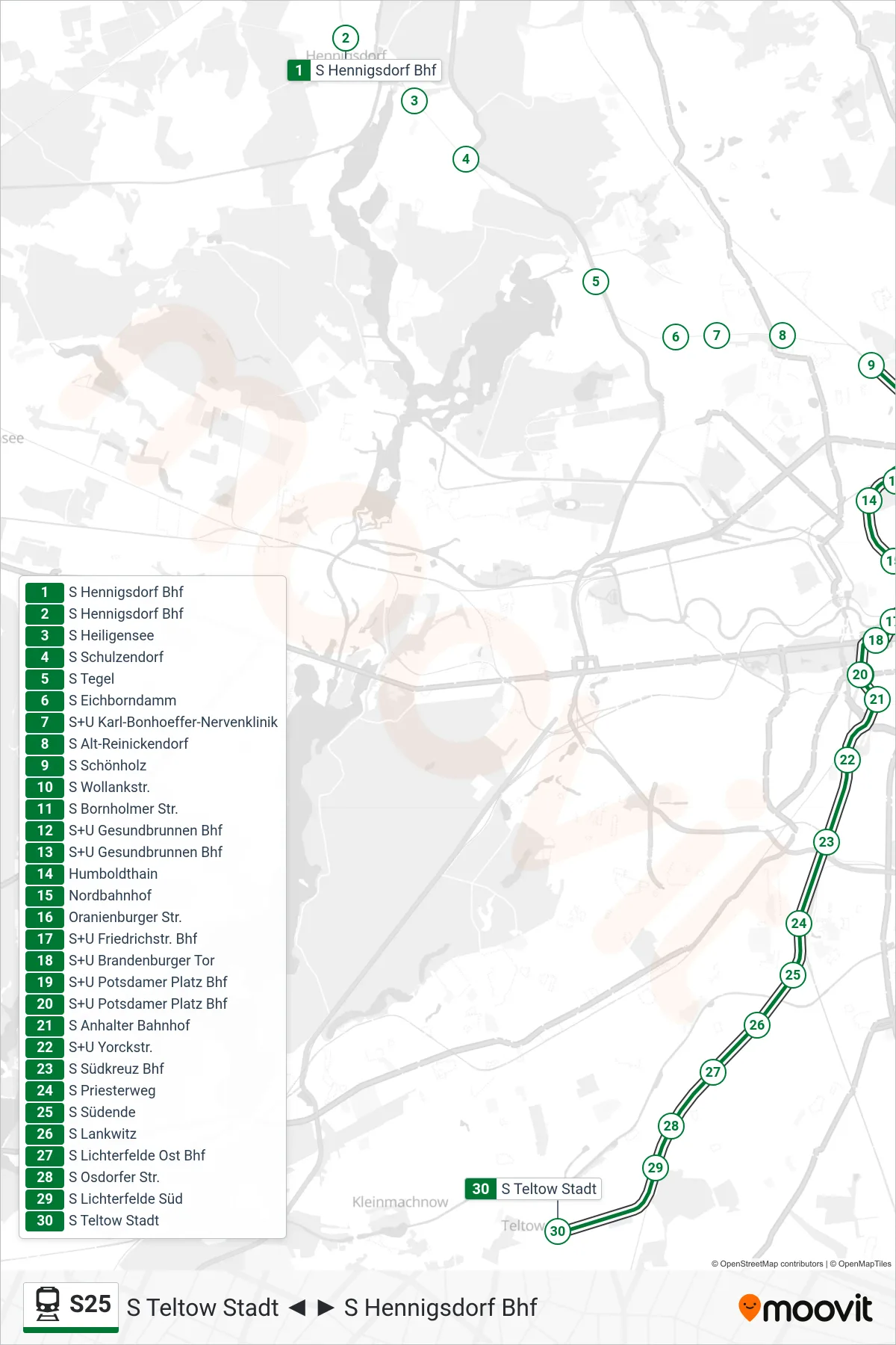 Linie S25 (Bahn) Richtung S Teltow Stadt: Route und Haltestellen auf der Karte