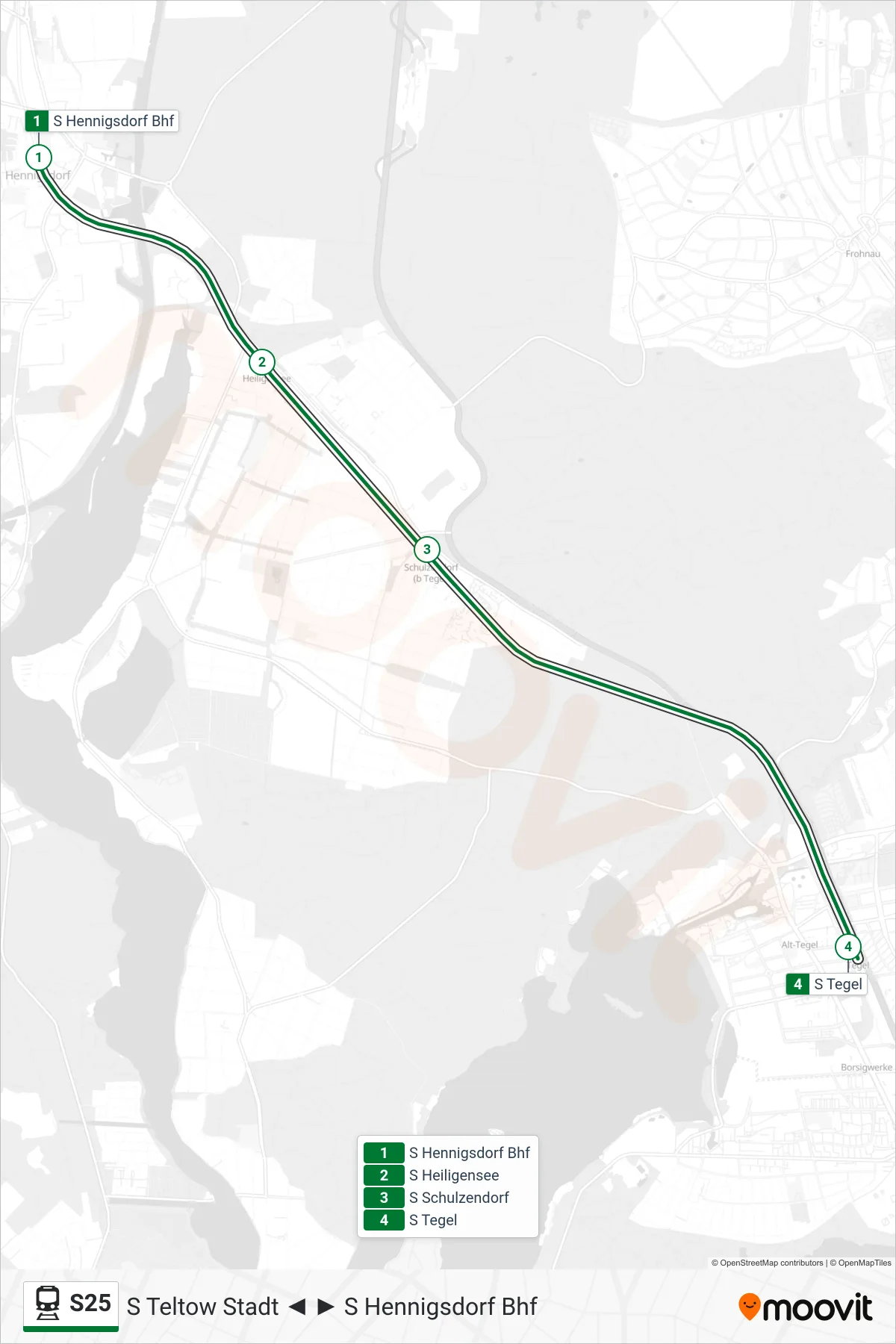 S25 train Line (S Tegel) route and stops on a map