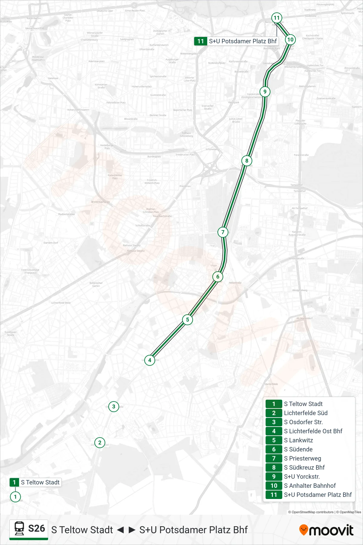 Linie S26 (Bahn) Richtung S+U Potsdamer Platz Bhf: Route und Haltestellen auf der Karte
