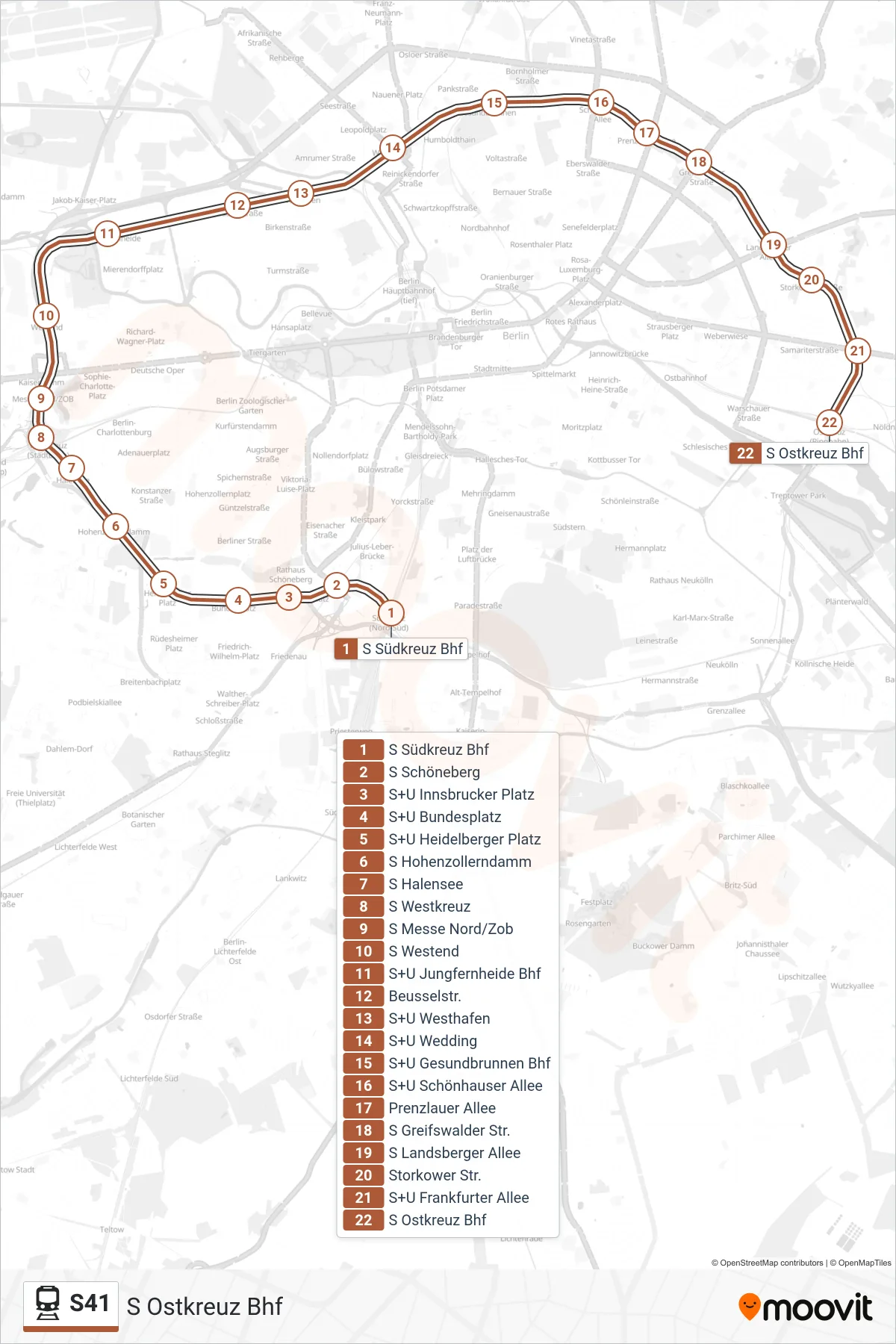 Linie S41 (Bahn) Richtung S Ostkreuz Bhf: Route und Haltestellen auf der Karte