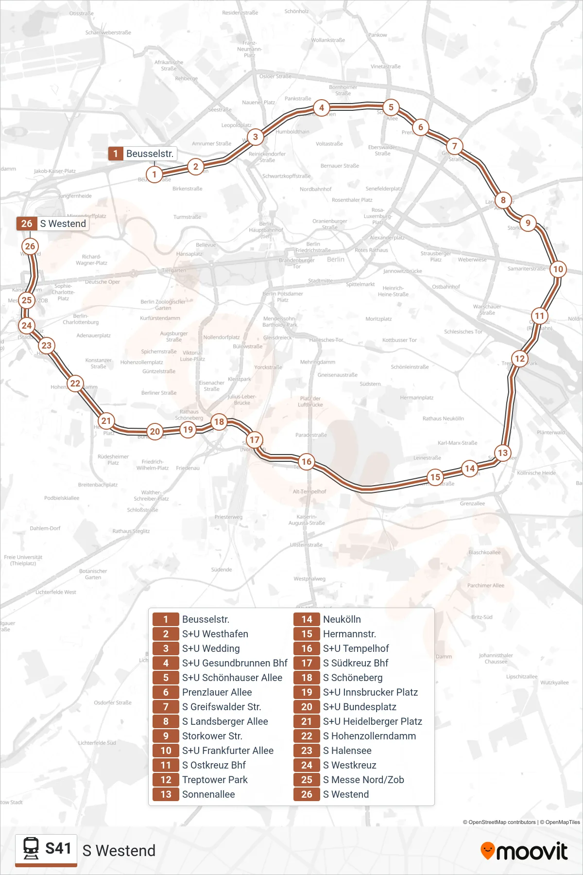 S41 train Line (S Westend) route and stops on a map