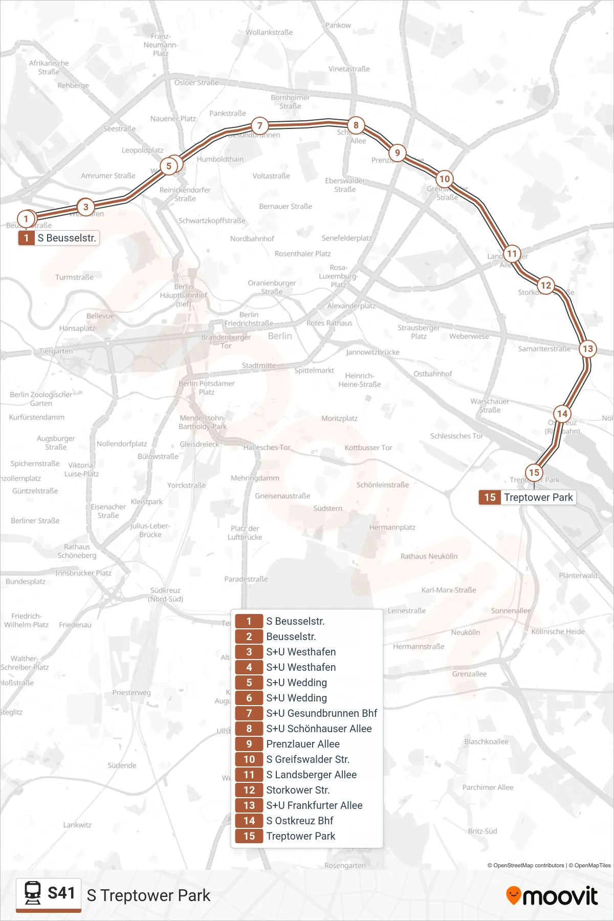 Linie S41 (Bahn) Richtung S Treptower Park: Route und Haltestellen auf der Karte