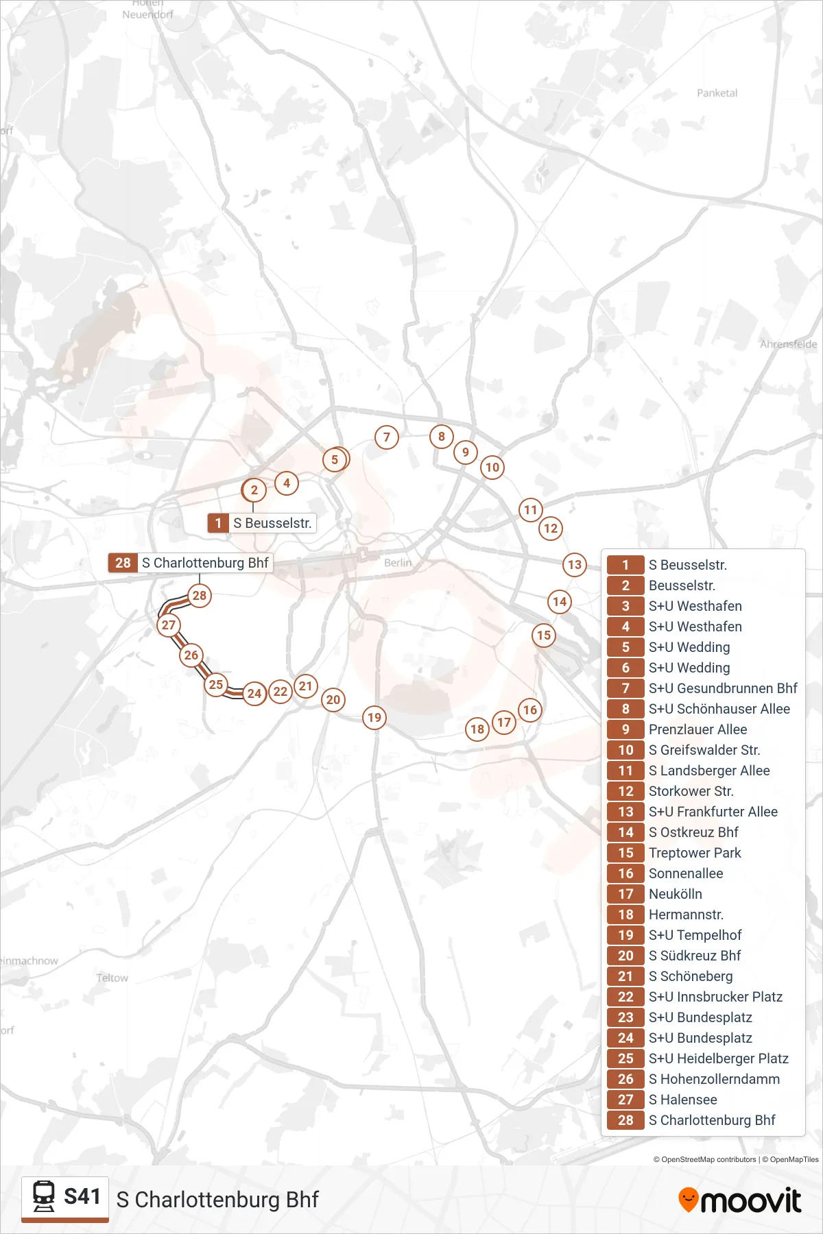 Linie S41 (Bahn) Richtung S Charlottenburg Bhf: Route und Haltestellen auf der Karte