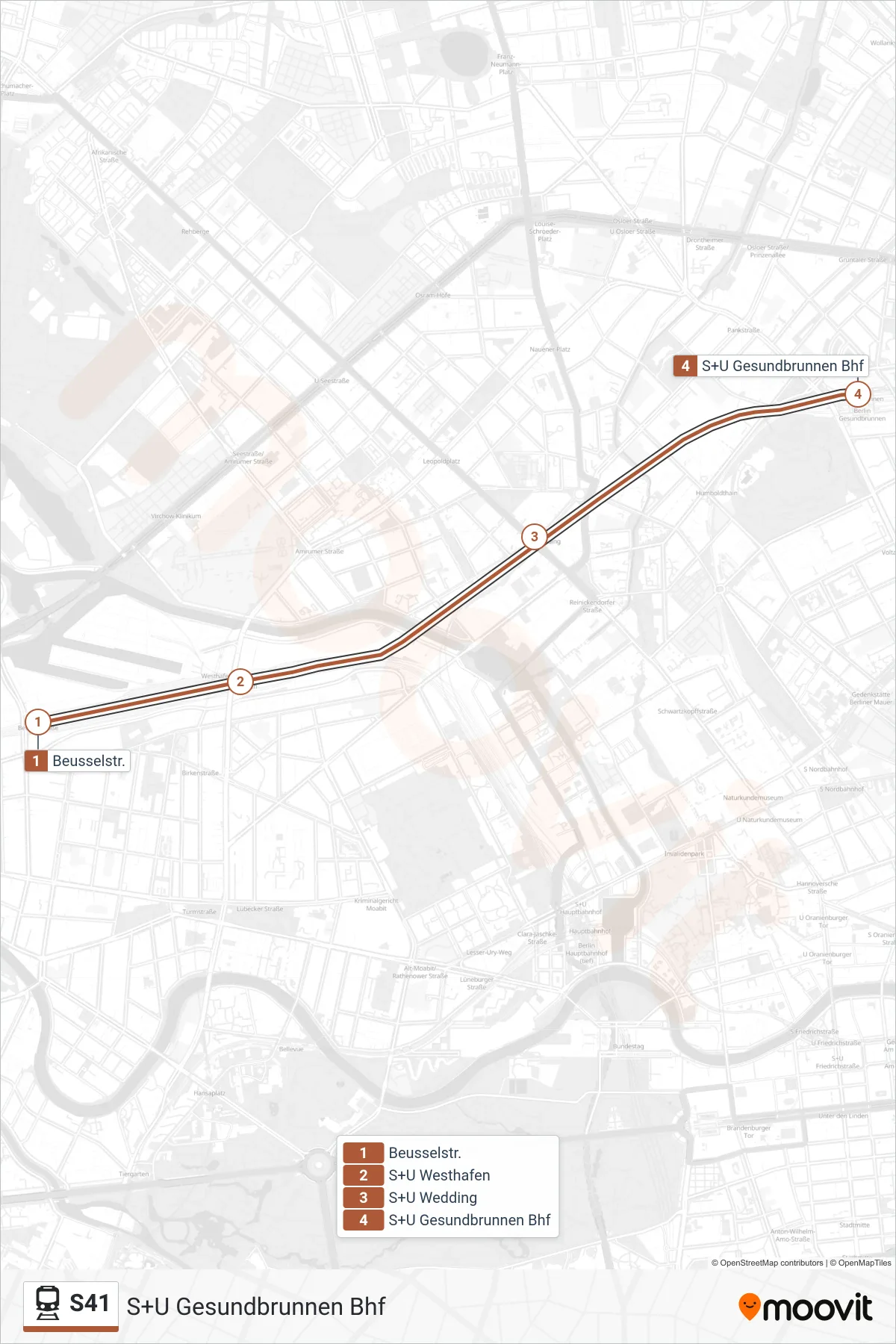 Linie S41 (Bahn) Richtung S+U Gesundbrunnen Bhf: Route und Haltestellen auf der Karte