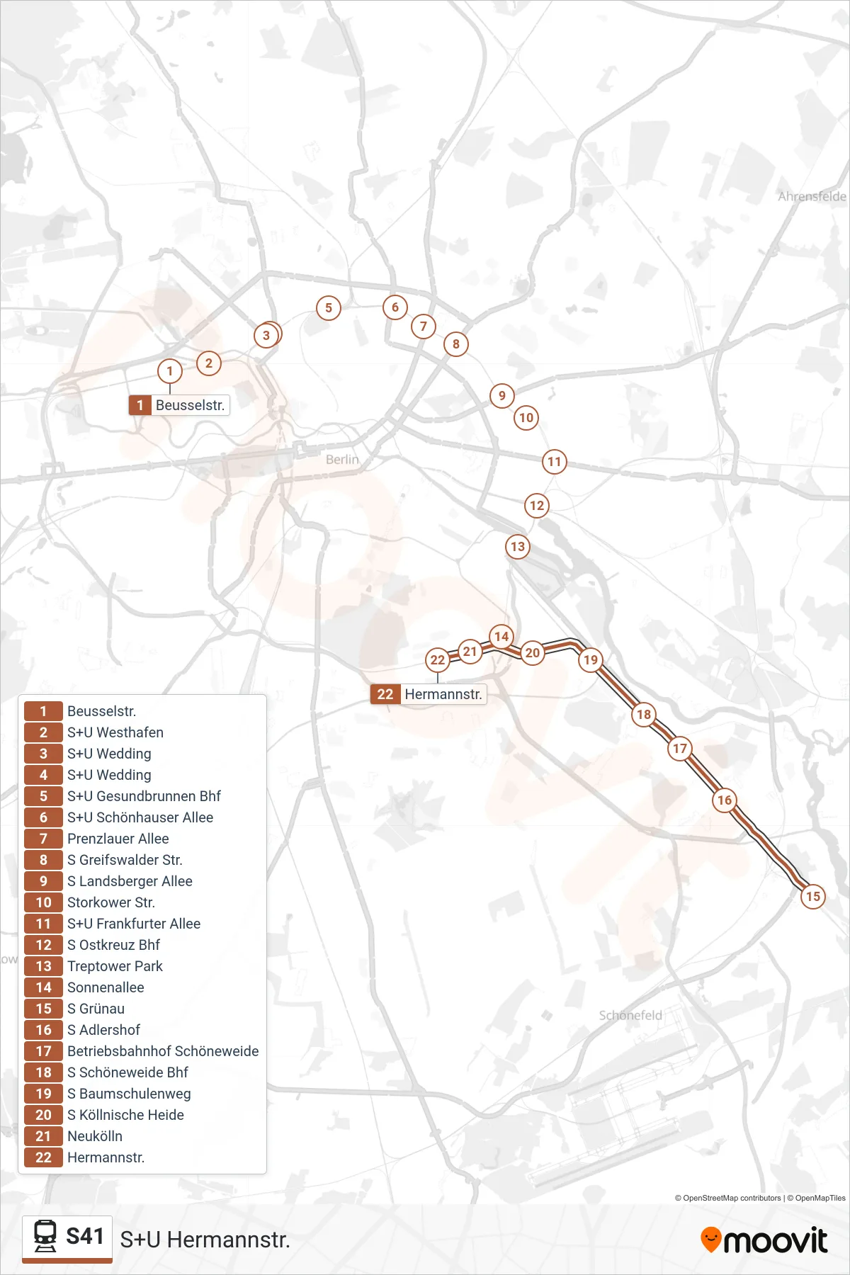 Linie S41 (Bahn) Richtung S+U Hermannstr.: Route und Haltestellen auf der Karte