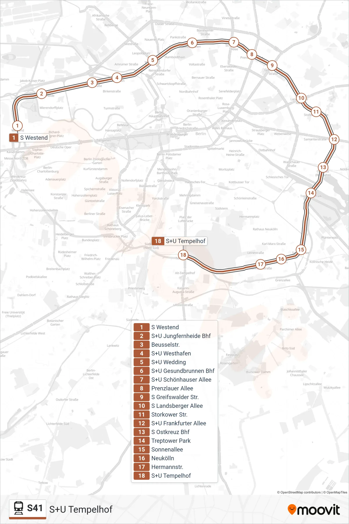 Linie S41 (Bahn) Richtung S+U Tempelhof: Route und Haltestellen auf der Karte