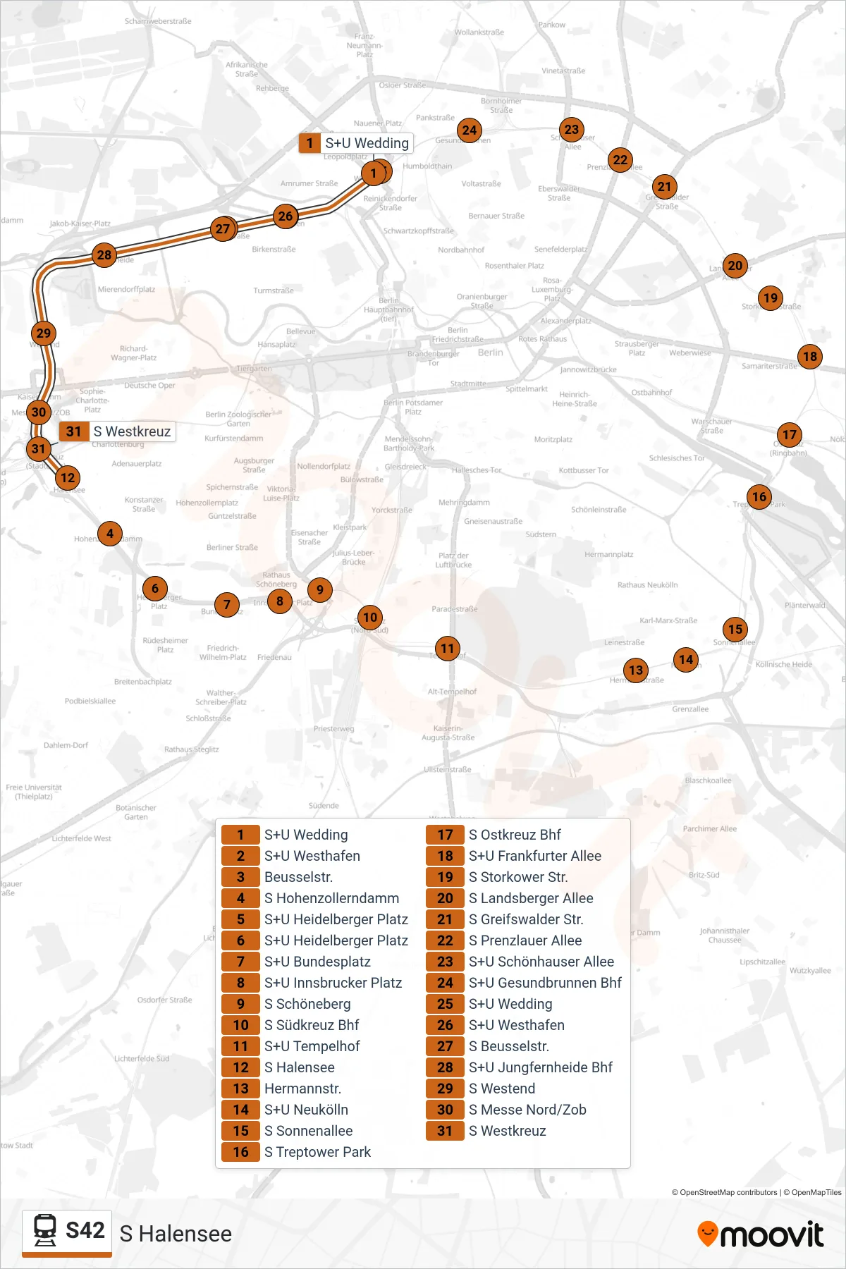 Linie S42 (Bahn) Richtung S Halensee: Route und Haltestellen auf der Karte