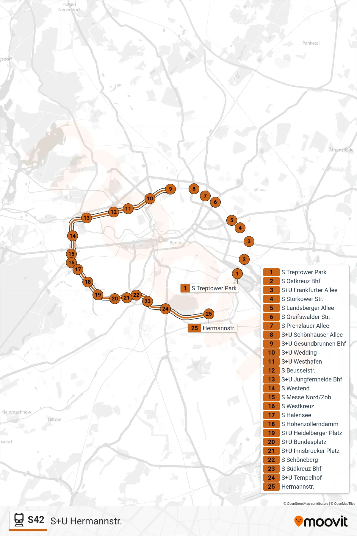 Linie S42 (Bahn) Richtung S+U Hermannstr.: Route und Haltestellen auf der Karte