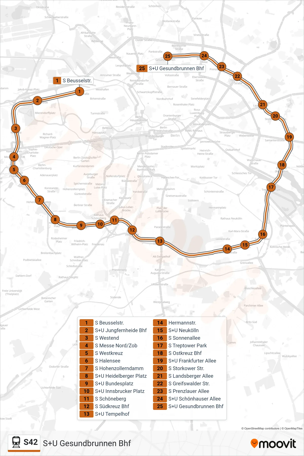 Linie S42 (Bahn) Richtung S+U Gesundbrunnen Bhf: Route und Haltestellen auf der Karte