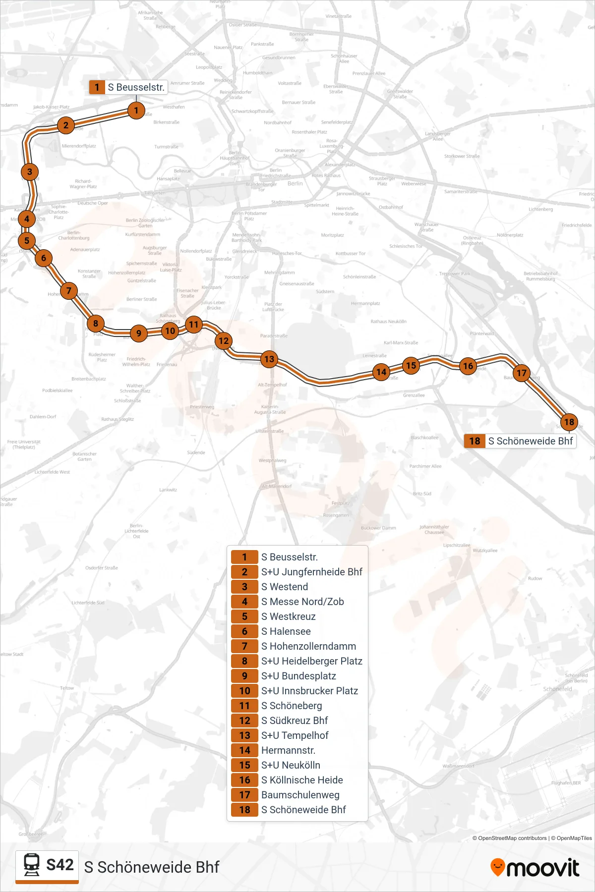 Linie S42 (Bahn) Richtung S Schöneweide Bhf: Route und Haltestellen auf der Karte