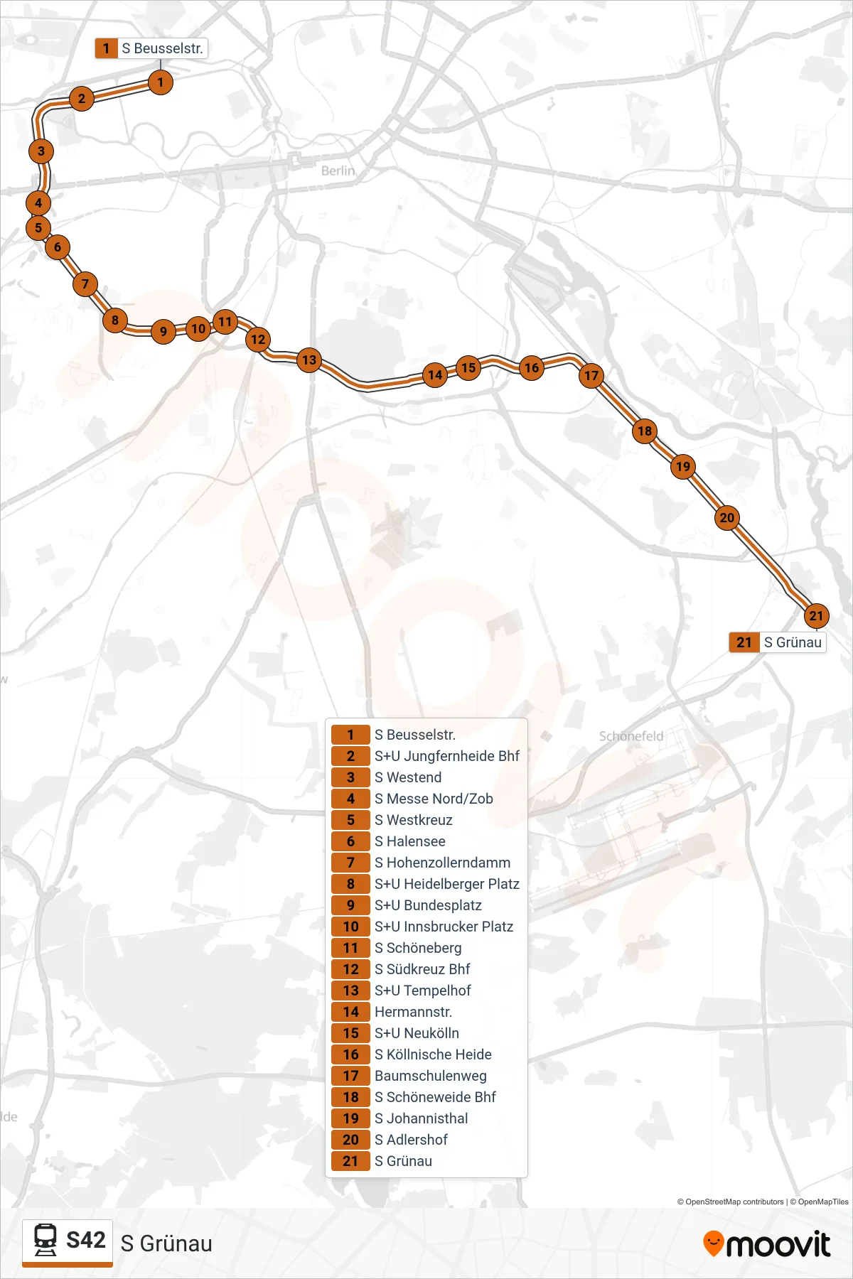 Linie S42 (Bahn) Richtung S Grünau: Route und Haltestellen auf der Karte