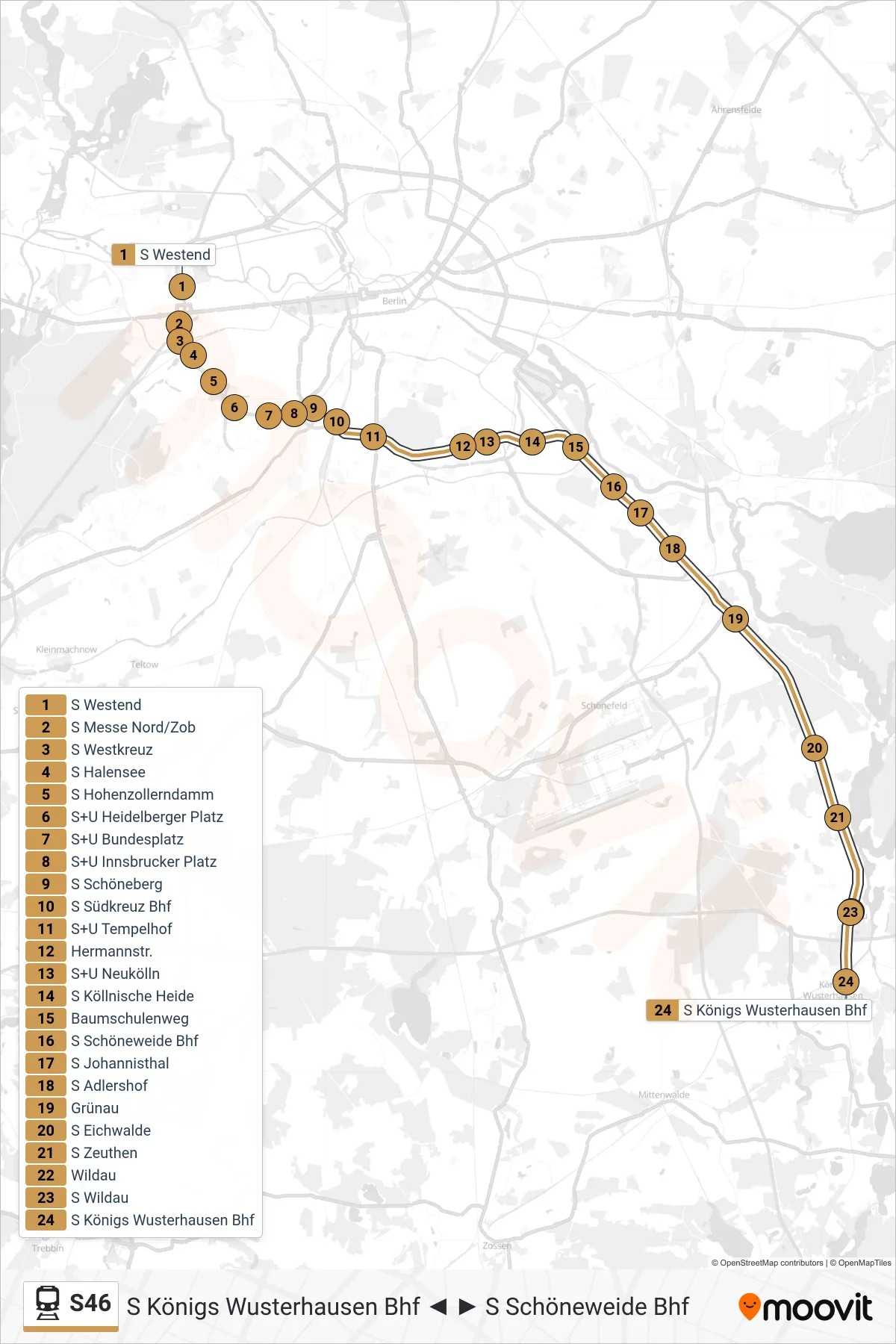 Linie S46 (Bahn) Richtung S Königs Wusterhausen Bhf: Route und Haltestellen auf der Karte