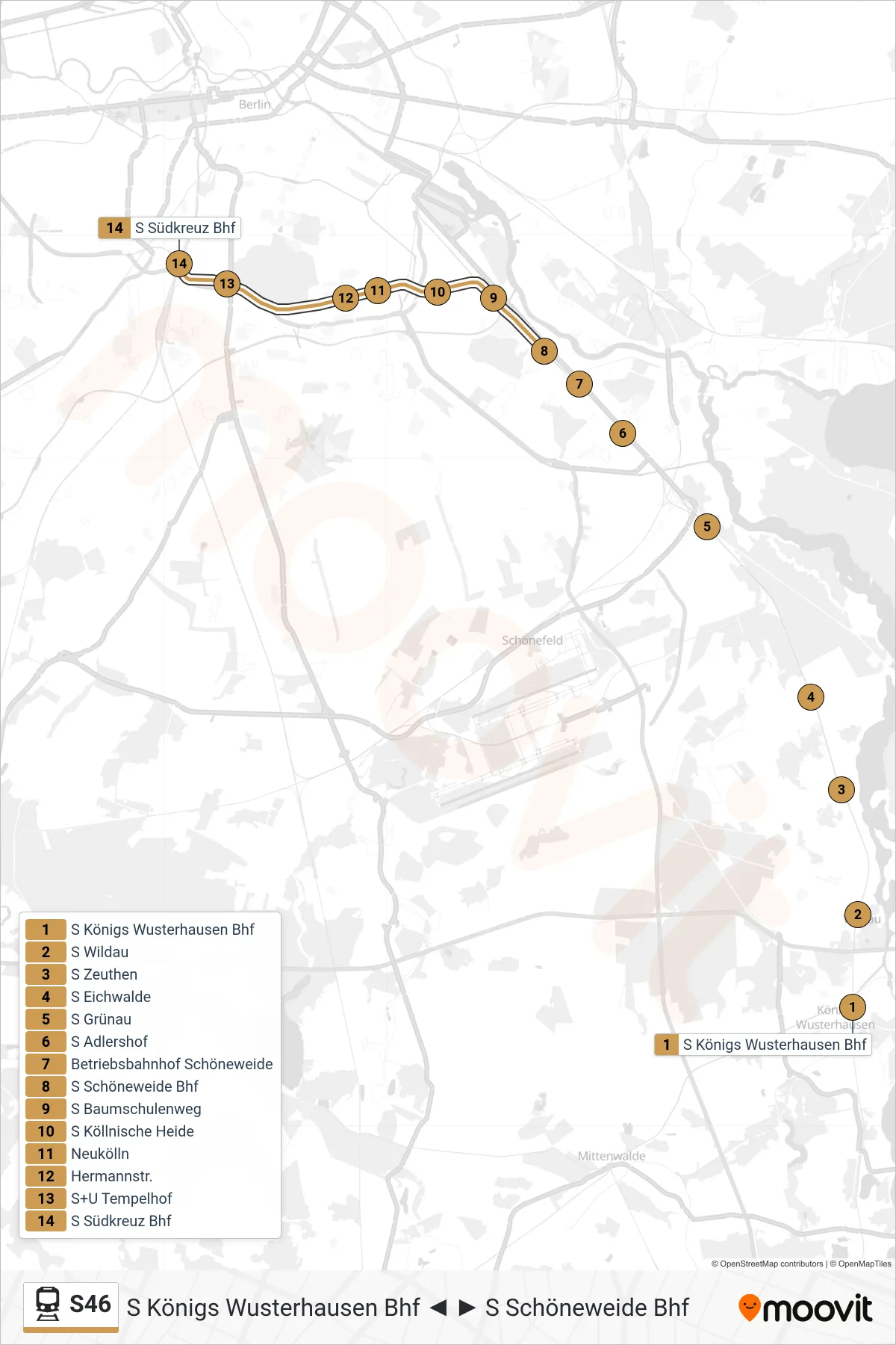S46 train Line (S Südkreuz Bhf) route and stops on a map