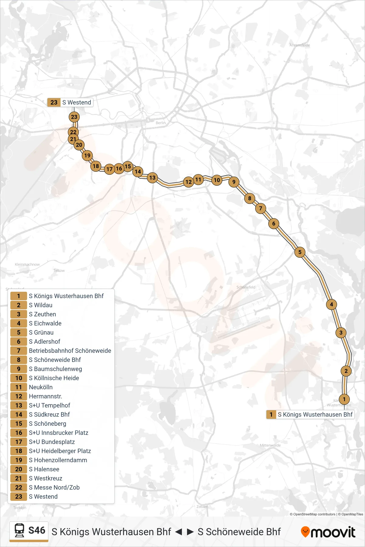 S46 train Line (S Westend) route and stops on a map