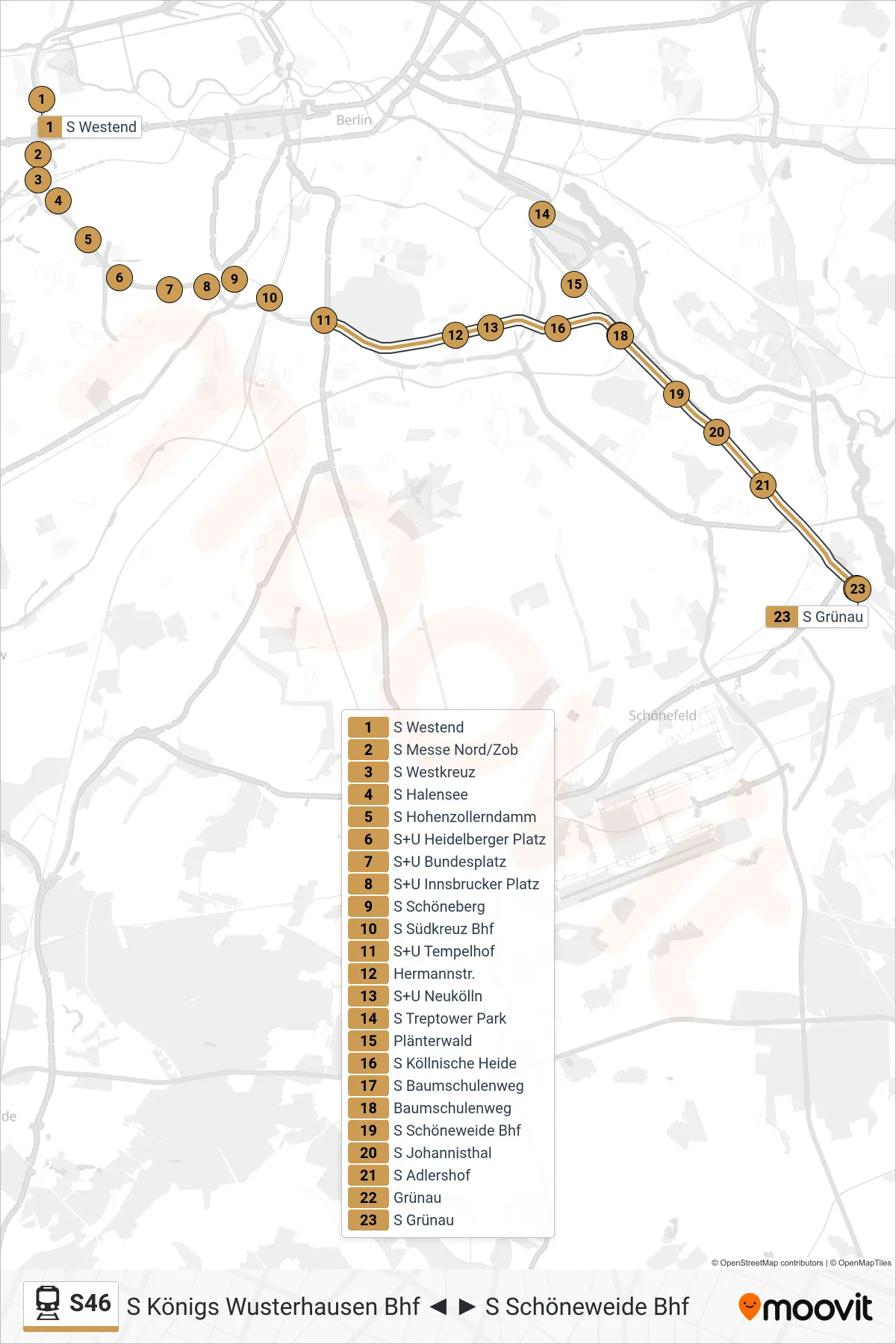 S46 train Line (S Grünau) route and stops on a map