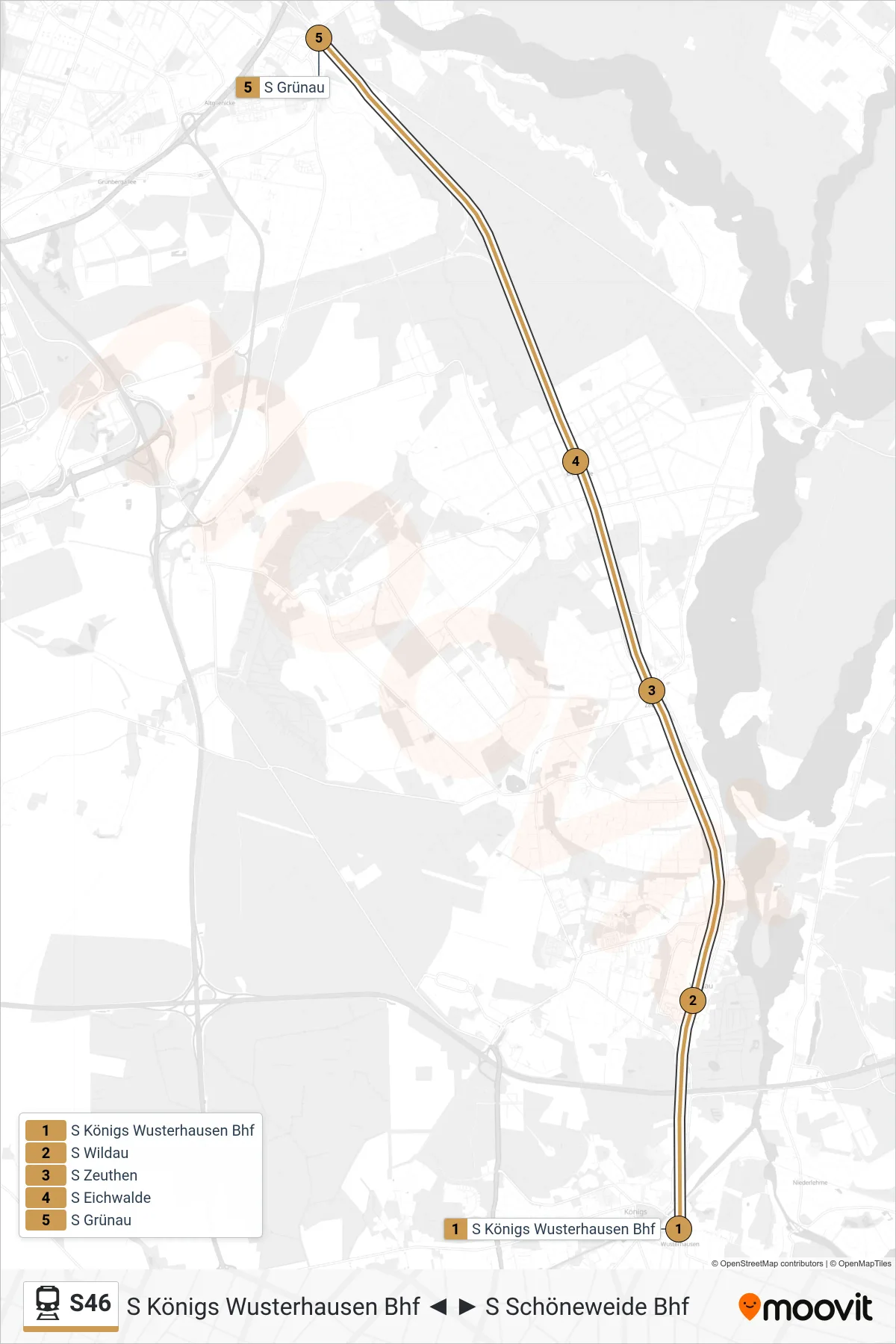 S46 rail Line (S Grünau) route and stops on a map