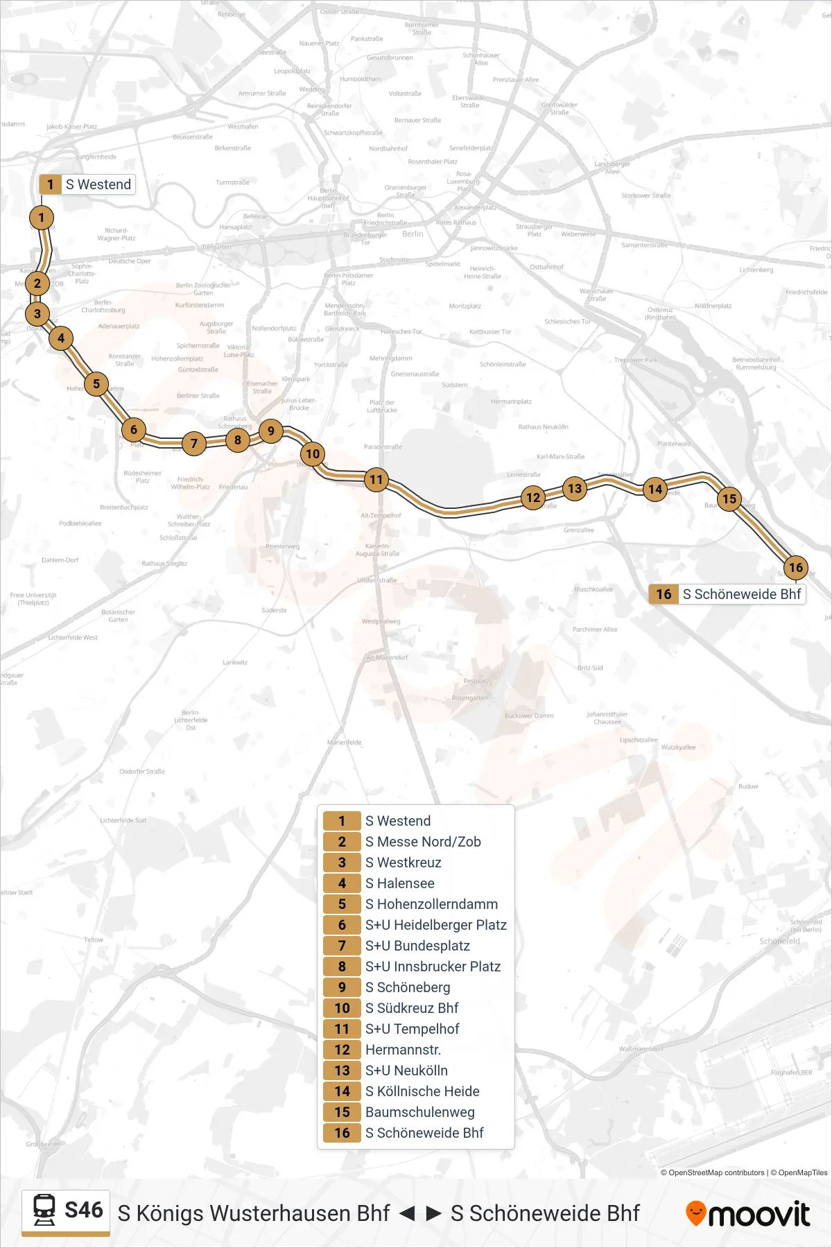 Linie S46 (Bahn) Richtung S Schöneweide Bhf: Route und Haltestellen auf der Karte