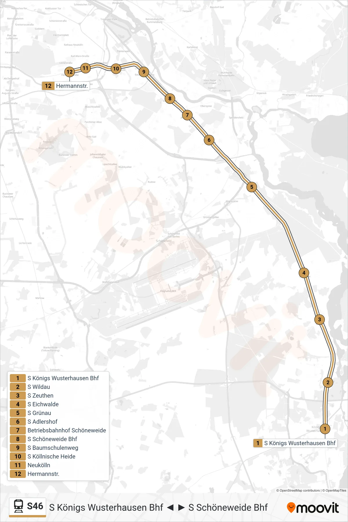 S46 rail Line (S+U Hermannstr.) route and stops on a map