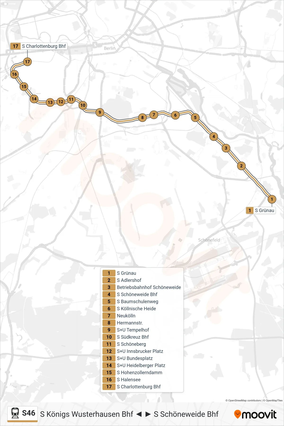 S46 train Line (S Charlottenburg Bhf) route and stops on a map