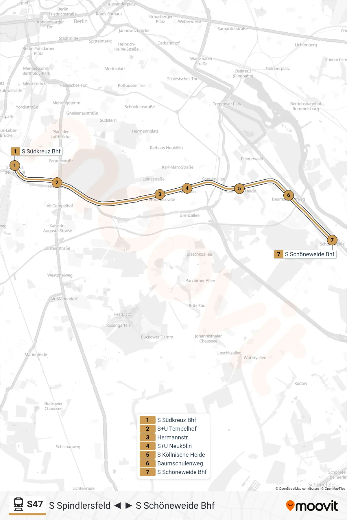 S47 train Line (S Schöneweide Bhf) route and stops on a map