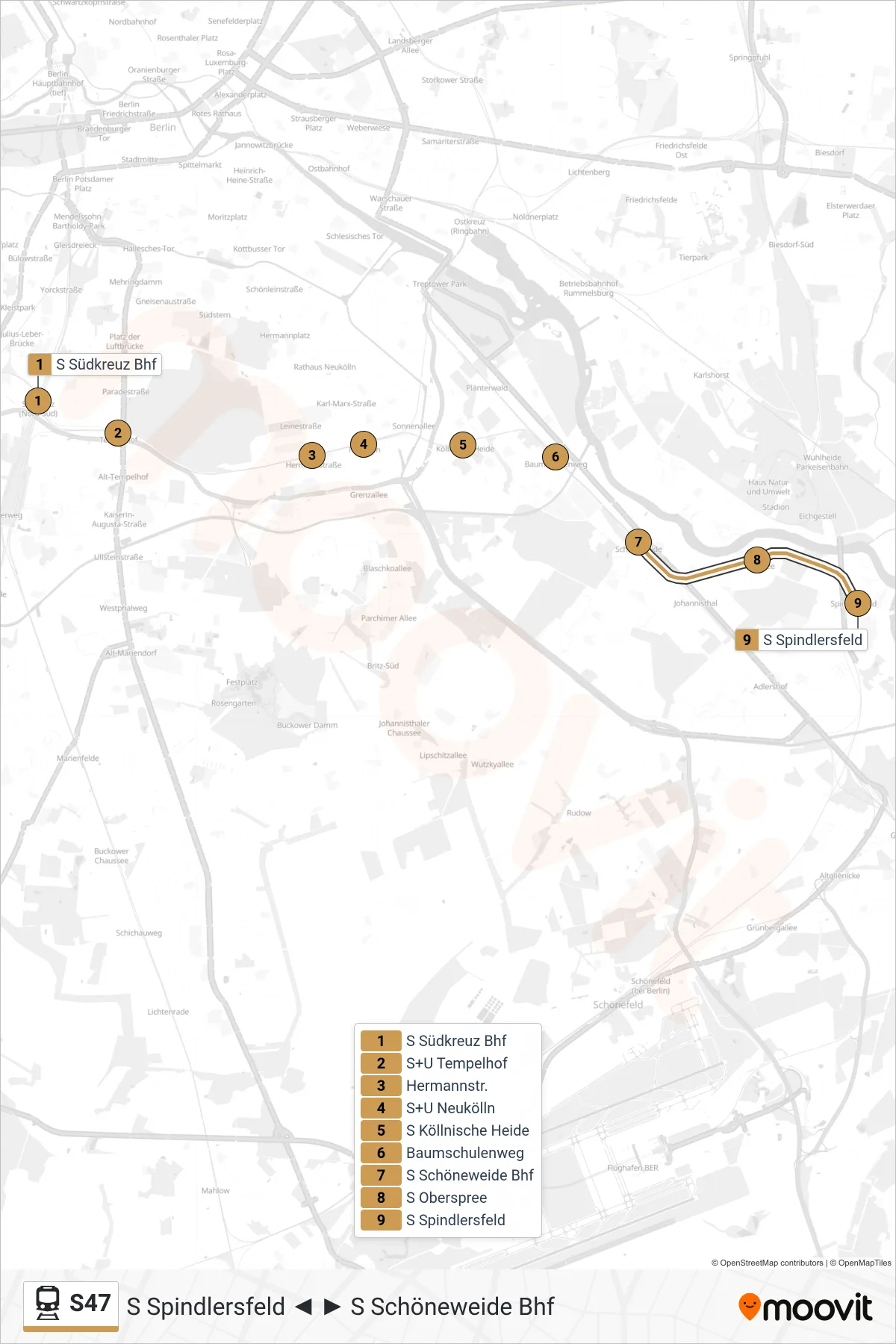 Linie S47 (Bahn) Richtung S Spindlersfeld: Route und Haltestellen auf der Karte