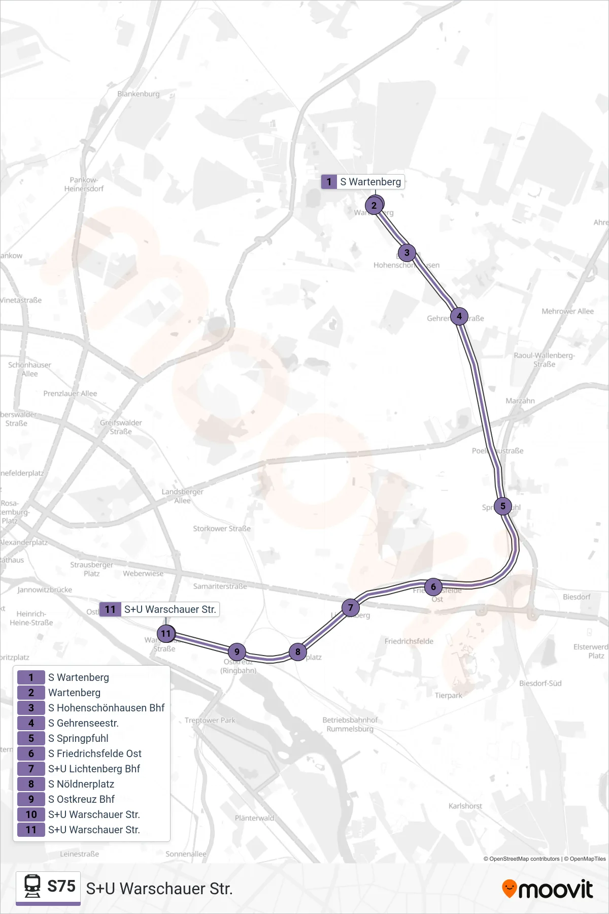 Linie S75 (Bahn) Richtung S+U Warschauer Str.: Route und Haltestellen auf der Karte