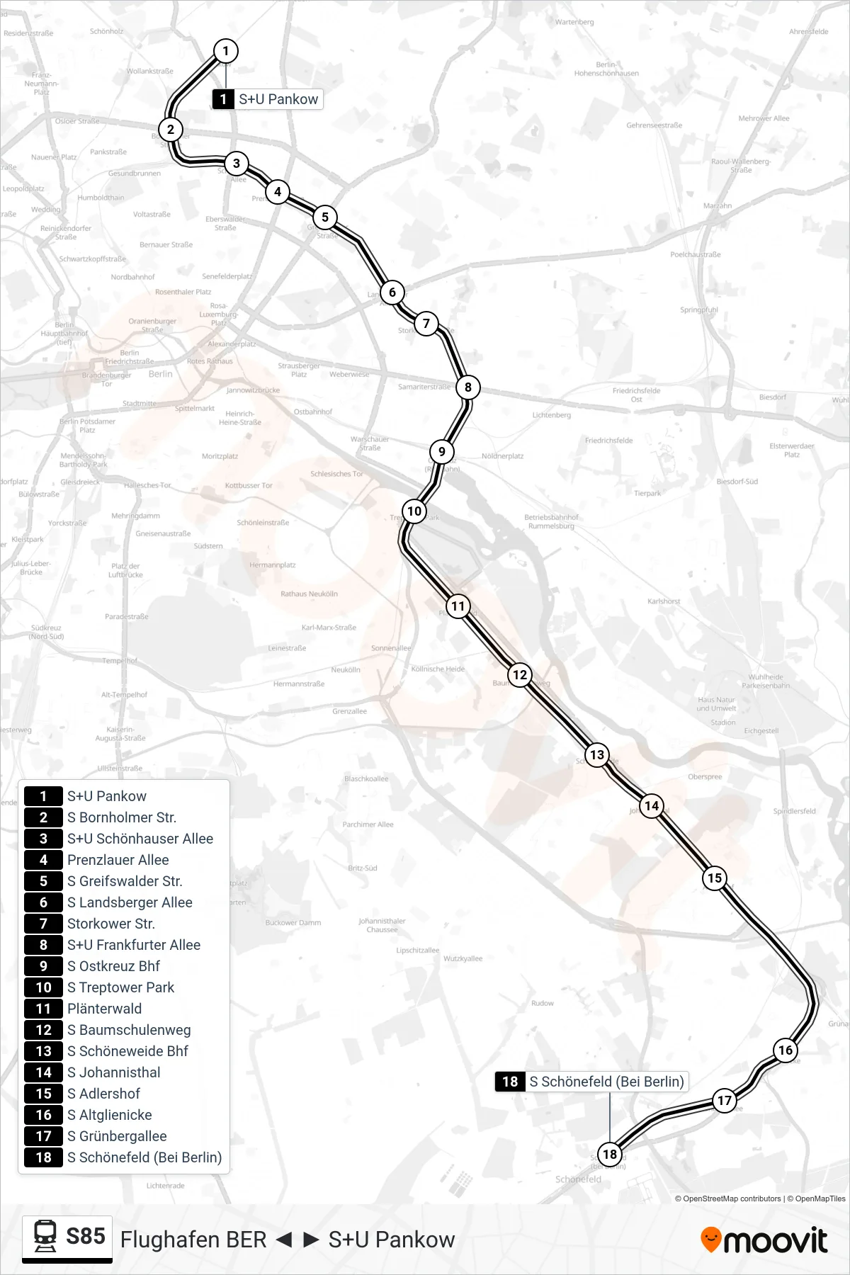 S85 train Line (S Schönefeld (Bei Berlin)) route and stops on a map