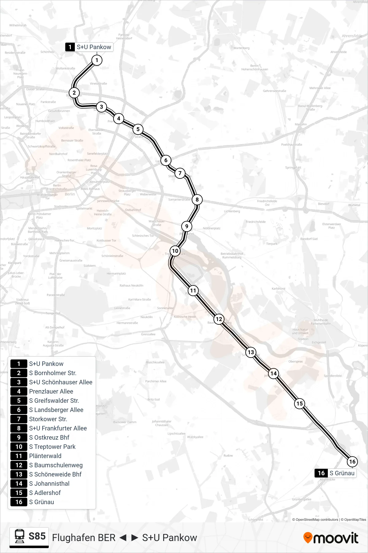 S85 train Line (S Grünau) route and stops on a map