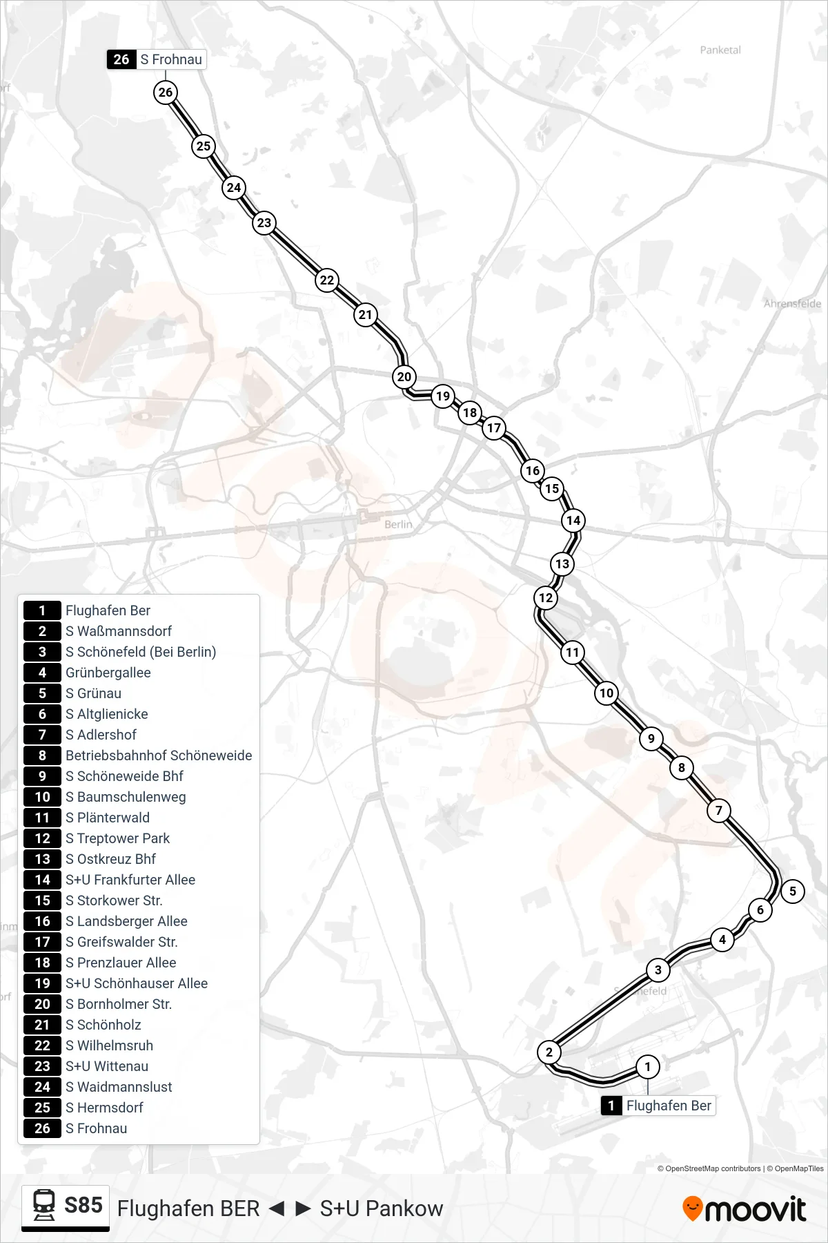 S85 train Line (S Frohnau) route and stops on a map