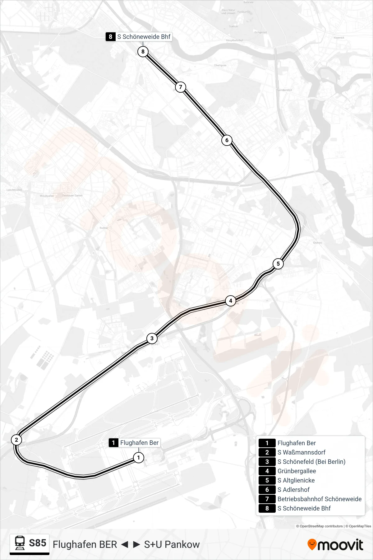 Linie S85 (Bahn) Richtung S Schöneweide Bhf: Route und Haltestellen auf der Karte