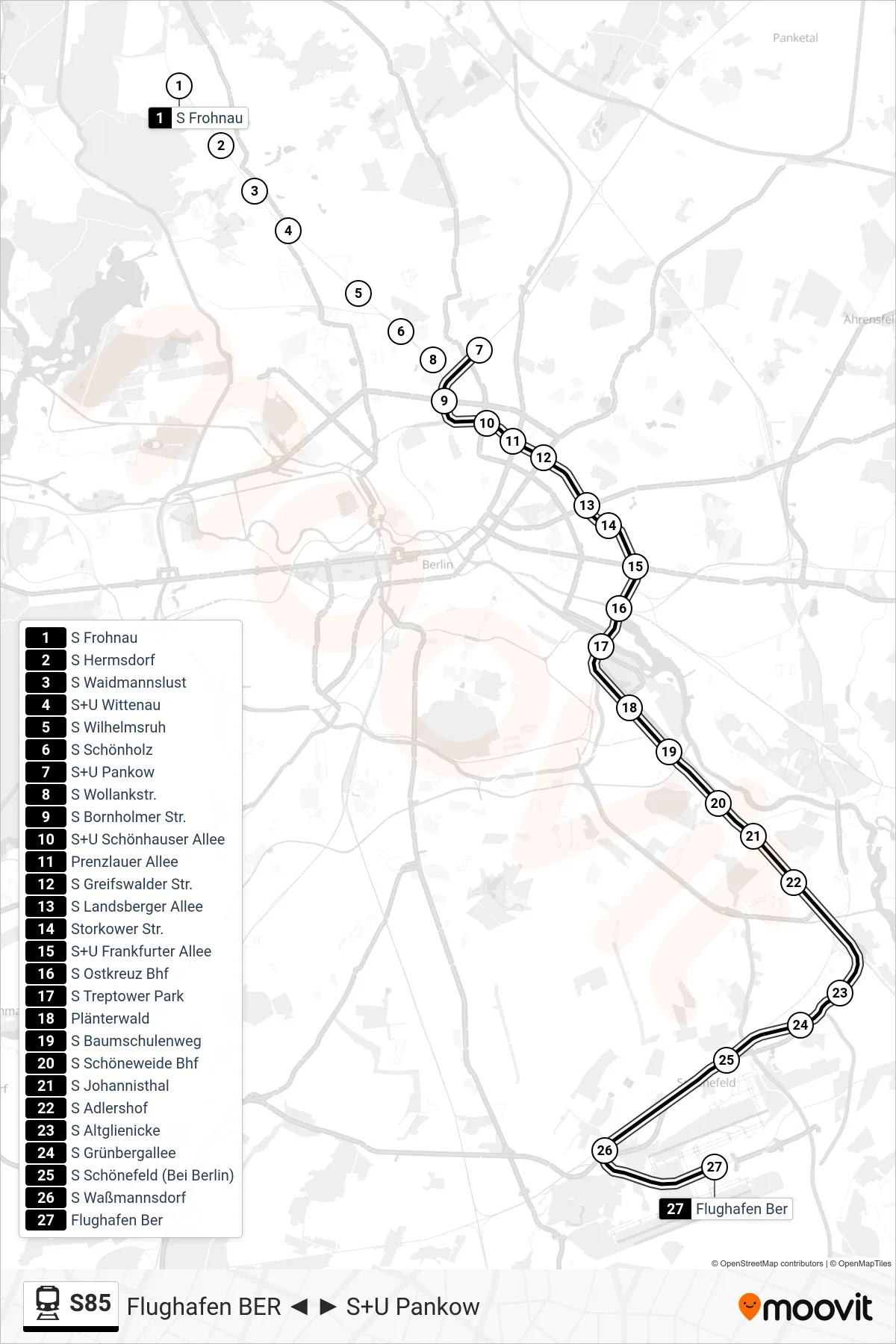Linie S85 (Bahn) Richtung Flughafen Ber: Route und Haltestellen auf der Karte