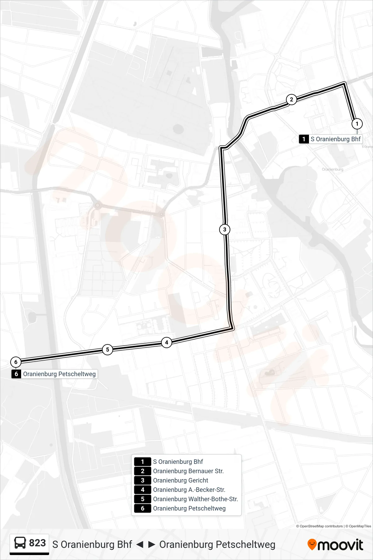 Linie 823 (Bus) Richtung Oranienburg Petscheltweg: Route und Haltestellen auf der Karte