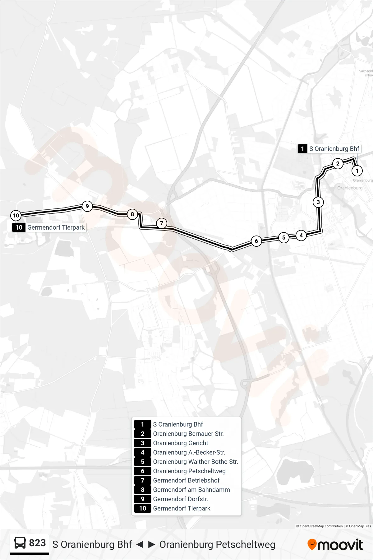 Linie 823 (Bus) Richtung Germendorf Tierpark: Route und Haltestellen auf der Karte