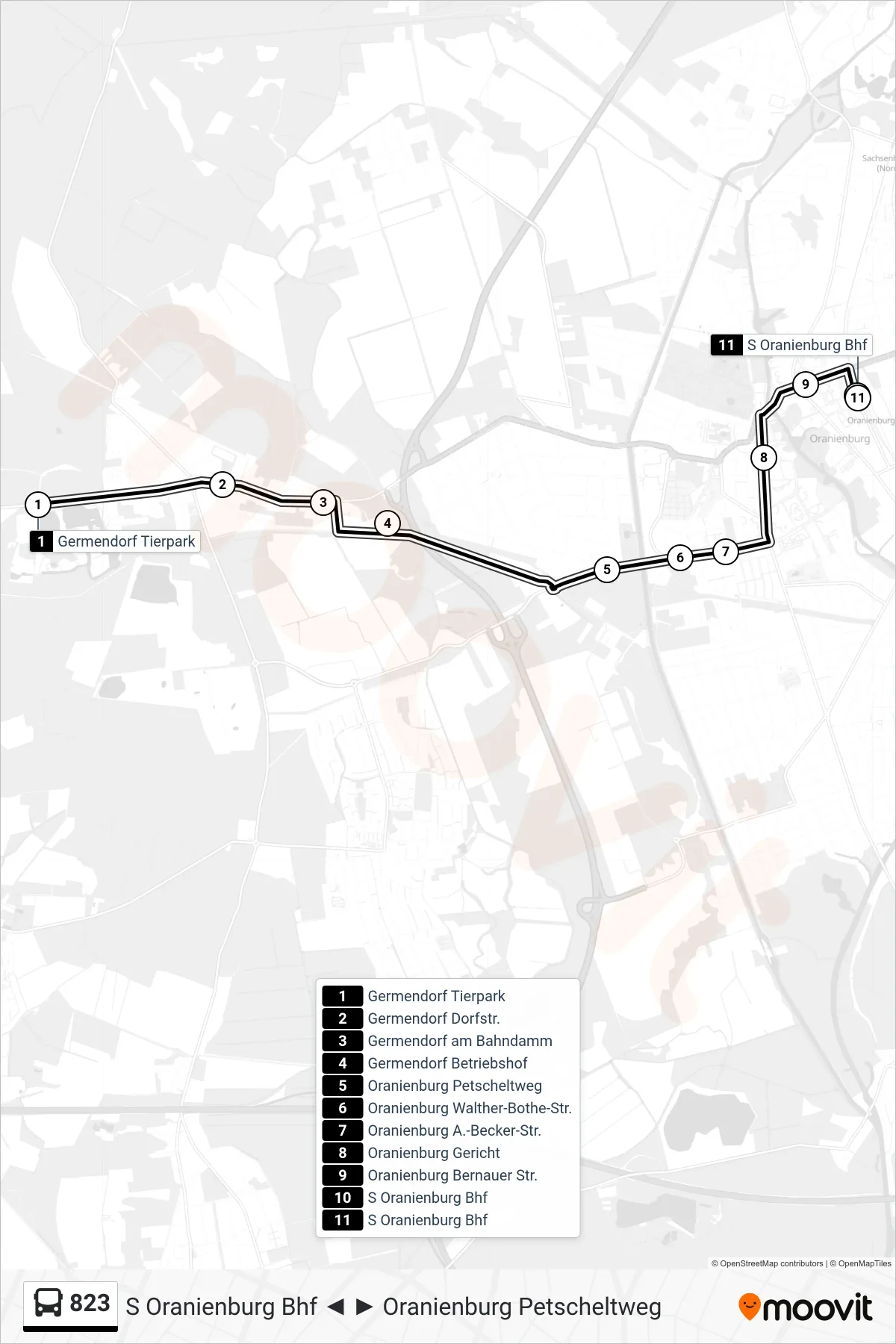 Linie 823 (Bus) Richtung S Oranienburg Bhf: Route und Haltestellen auf der Karte