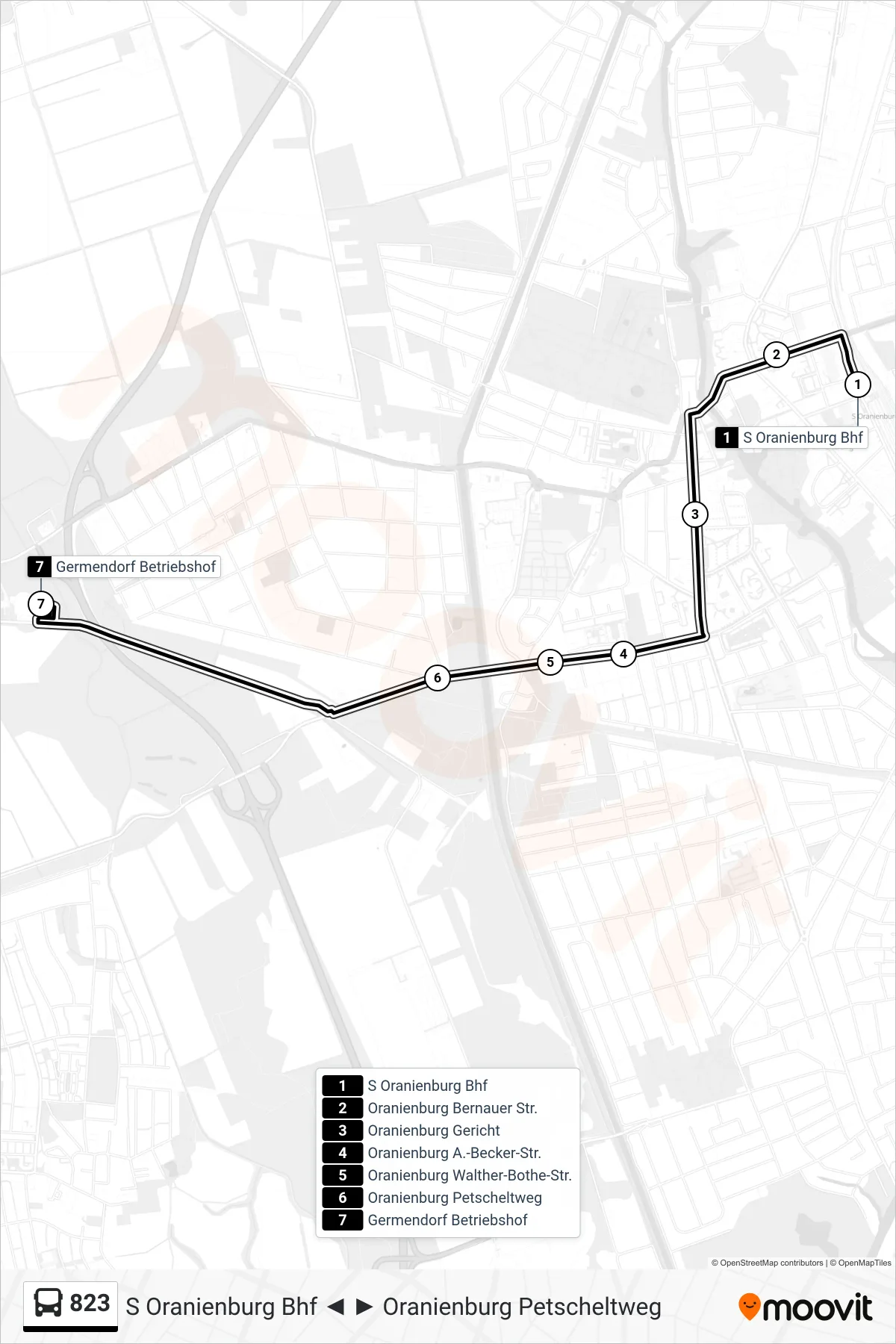 823 bus Line (Germendorf Betriebshof) route and stops on a map